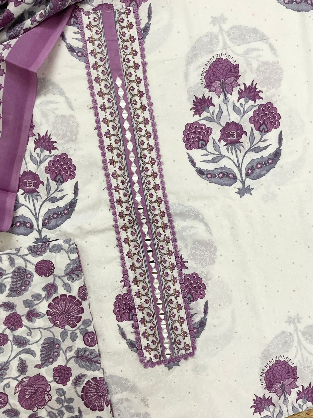 Pure Cotton Printed Embroidered Suit - White