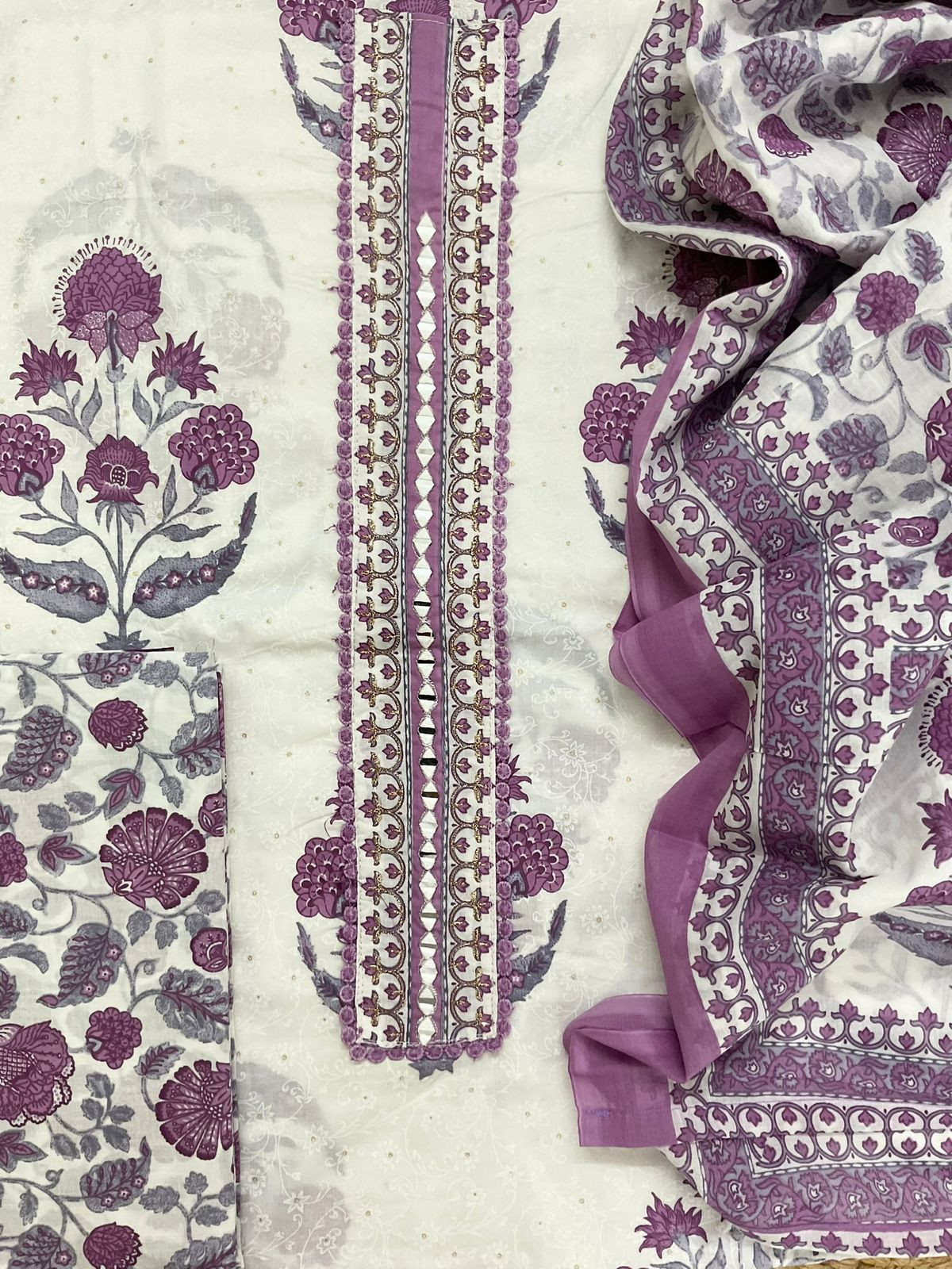 Pure Cotton Printed Embroidered Suit - White