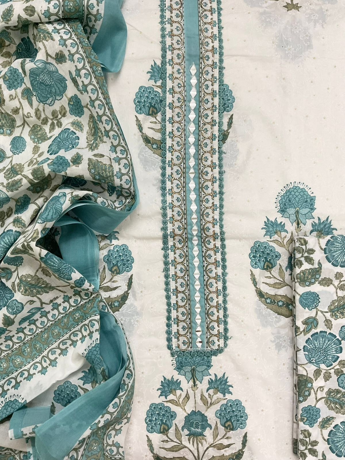 Pure Cotton Printed Embroidered Suit - White