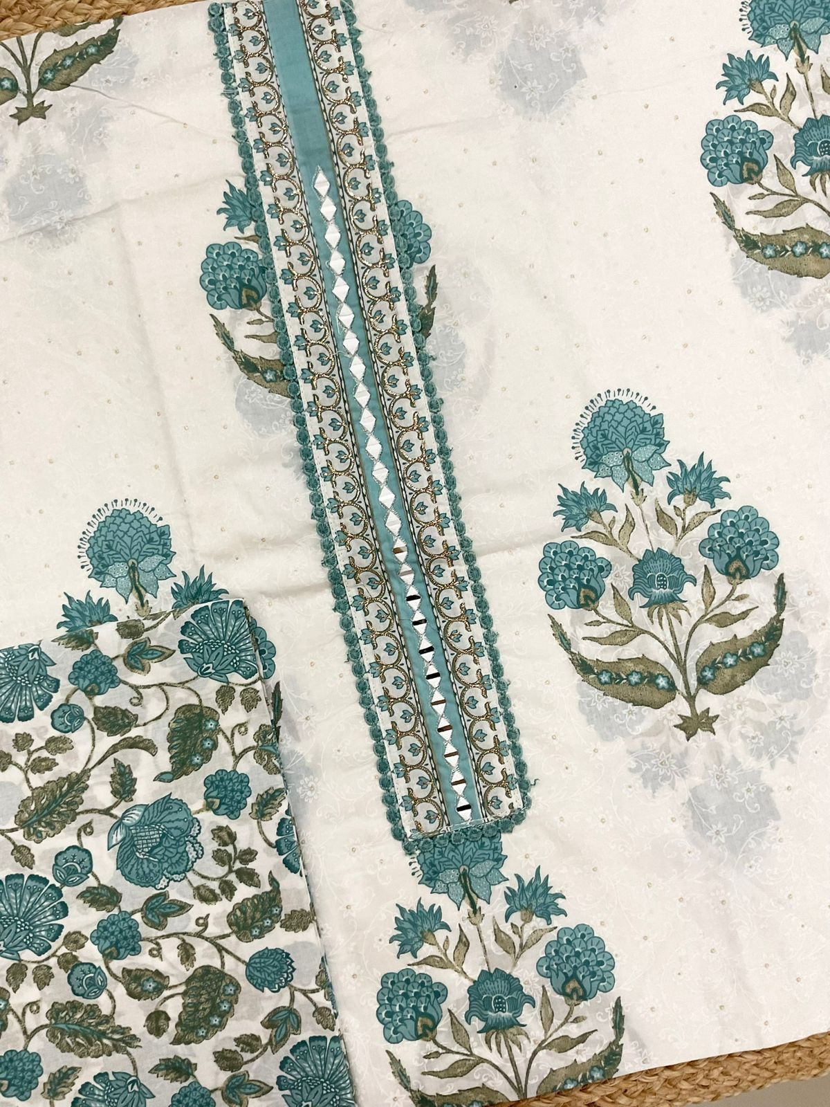 Pure Cotton Printed Embroidered Suit - White