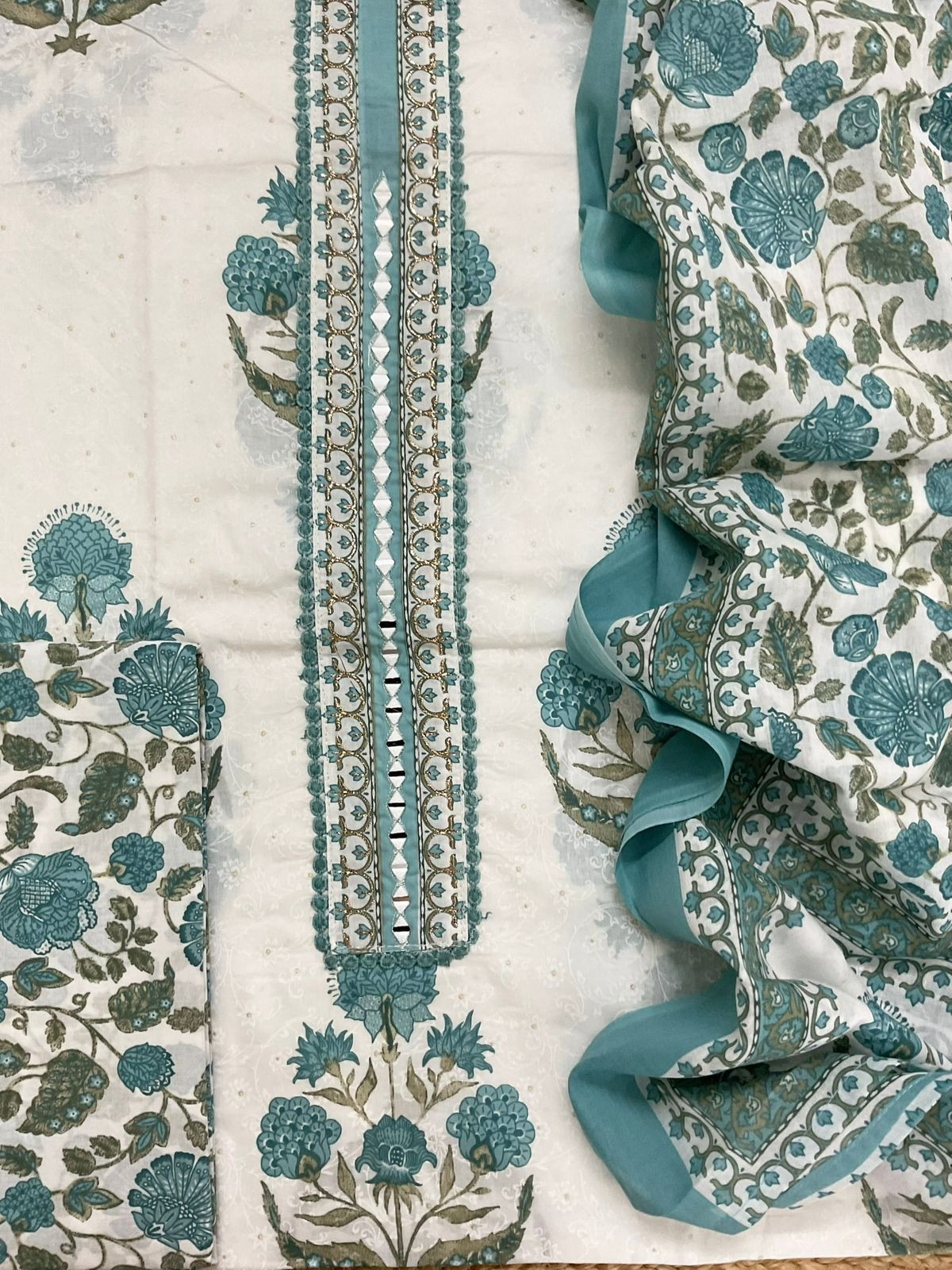 Pure Cotton Printed Embroidered Suit - White