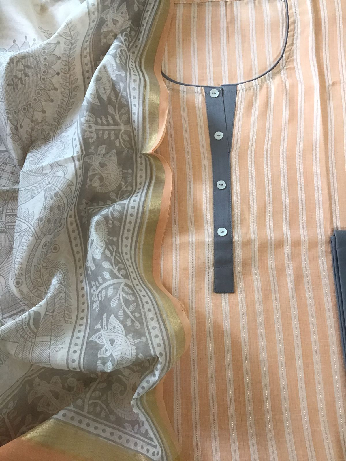 Pure Handloom Cotton Self Weaved Printed Suit - Peach