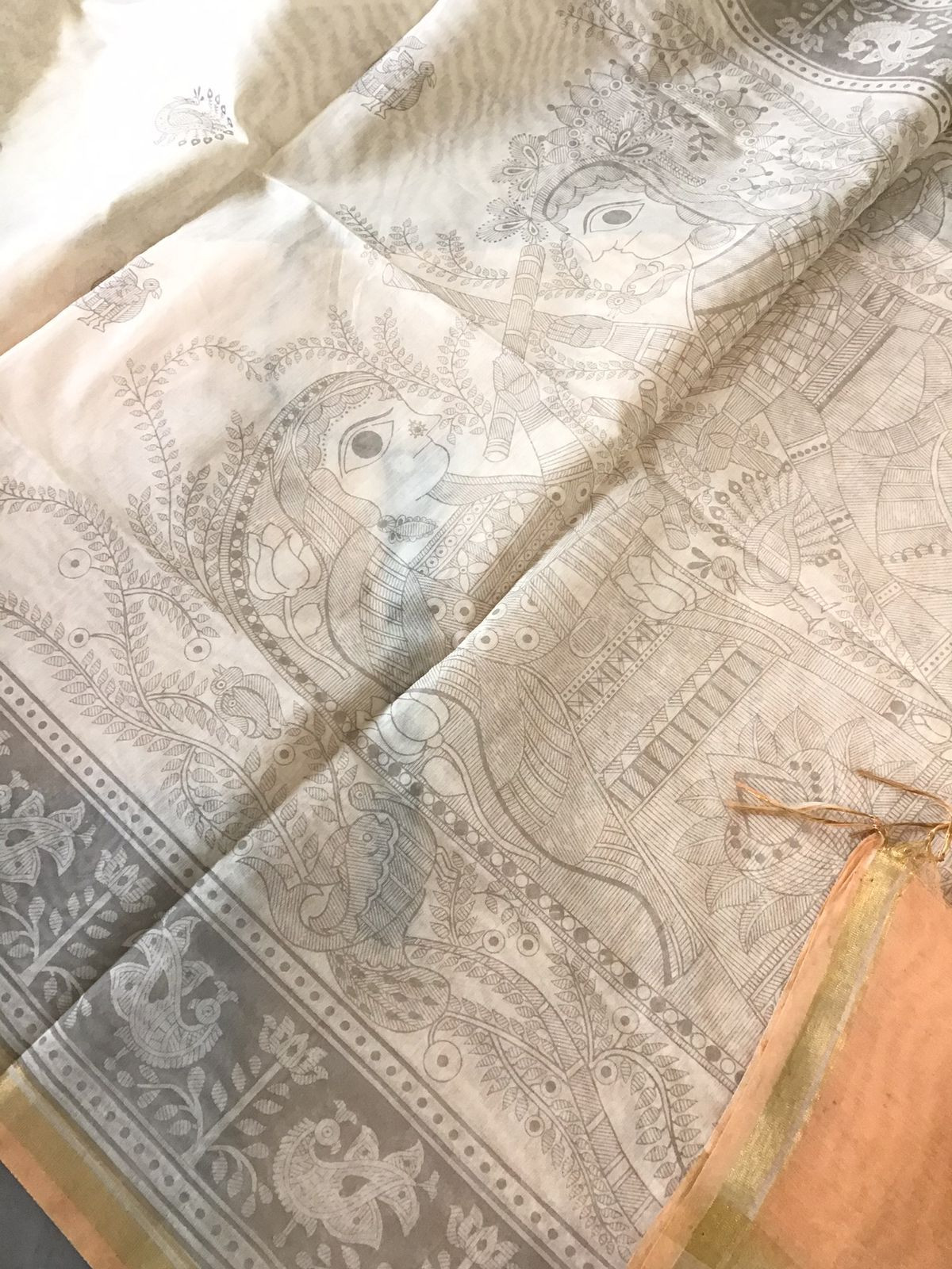 Pure Handloom Cotton Self Weaved Printed Suit - Peach