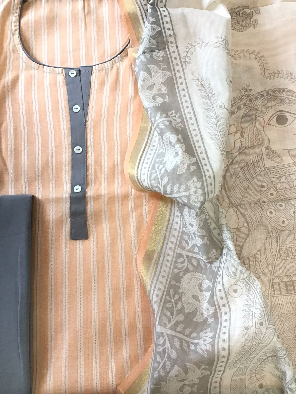 Pure Handloom Cotton Self Weaved Printed Suit - Peach