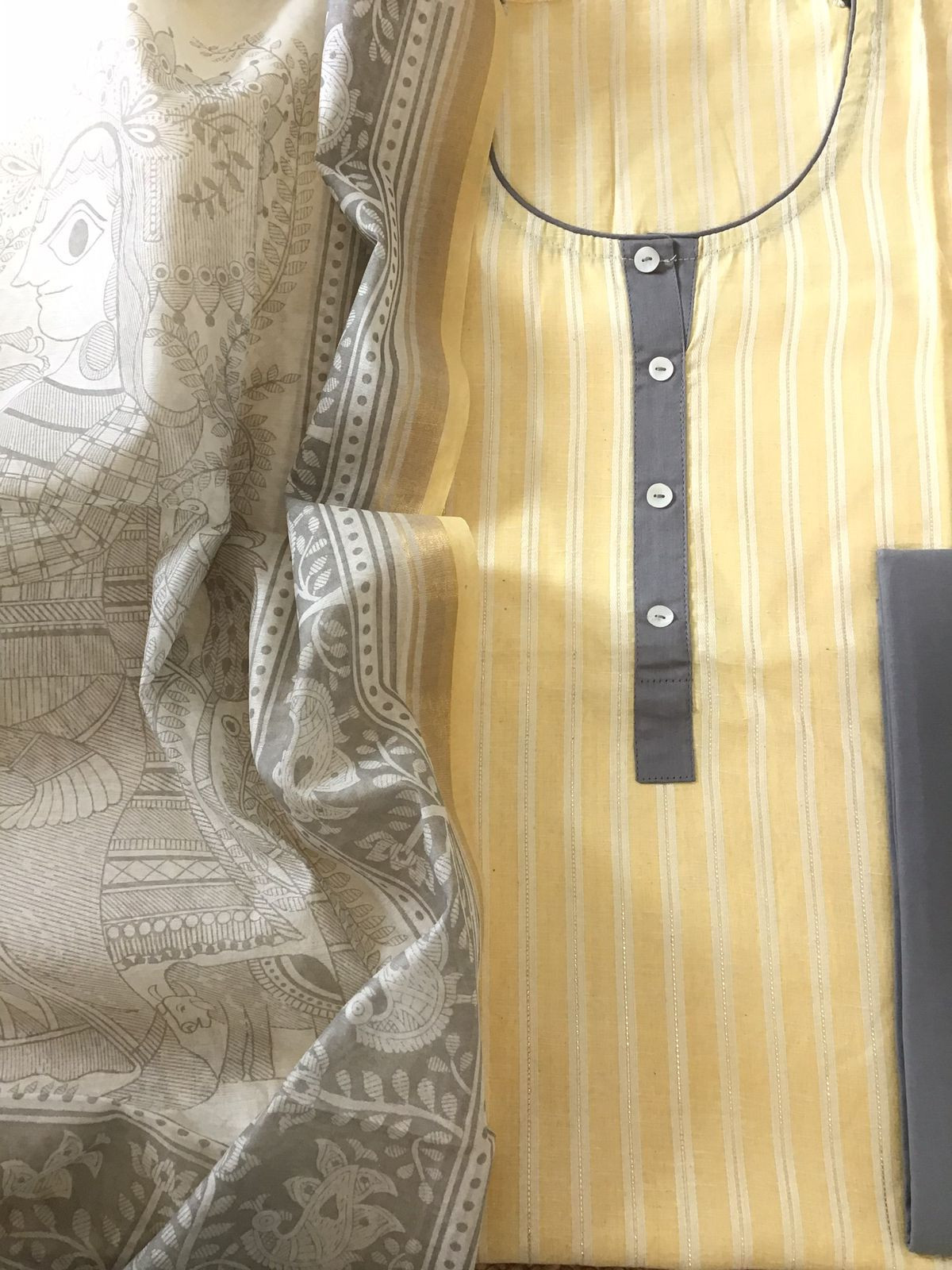 Pure Handloom Cotton Self Weaved Printed Suit - Yellow