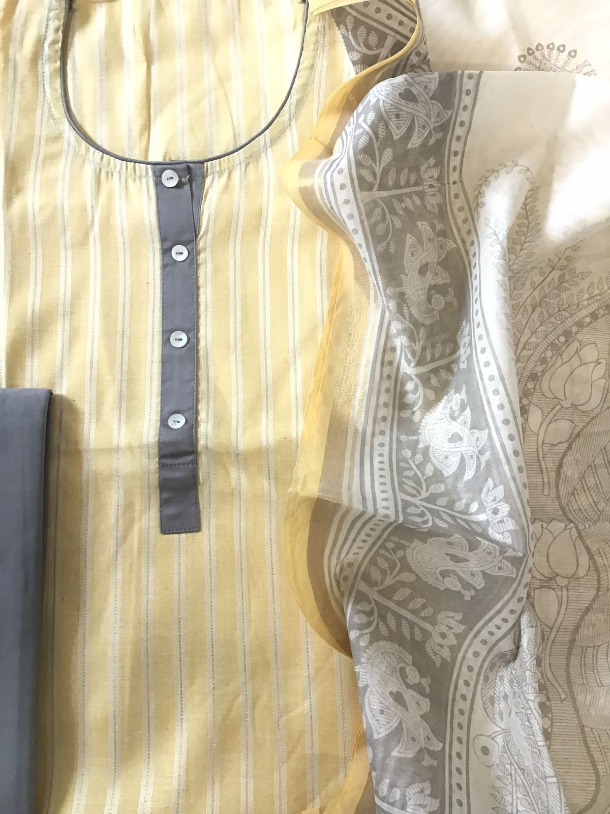 Pure Handloom Cotton Self Weaved Printed Suit - Yellow