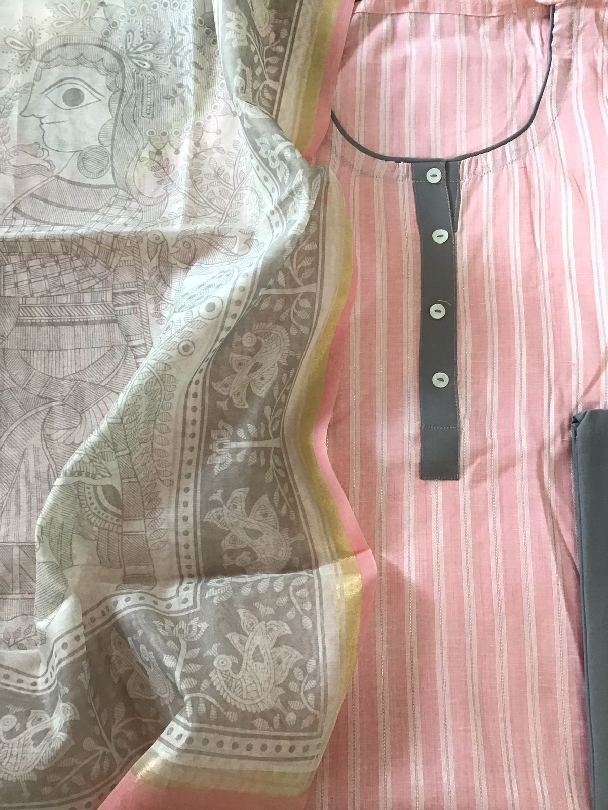 Pure Handloom Cotton Self Weaved Printed Suit - Pink