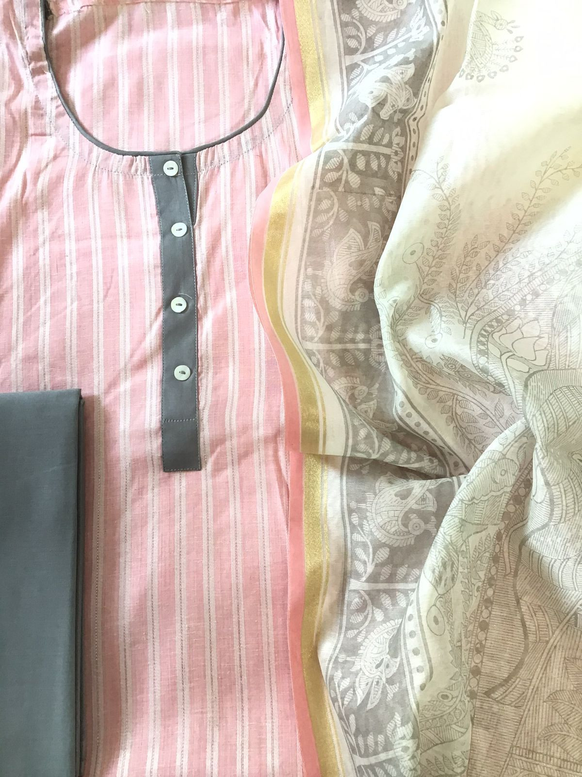 Pure Handloom Cotton Self Weaved Printed Suit - Pink