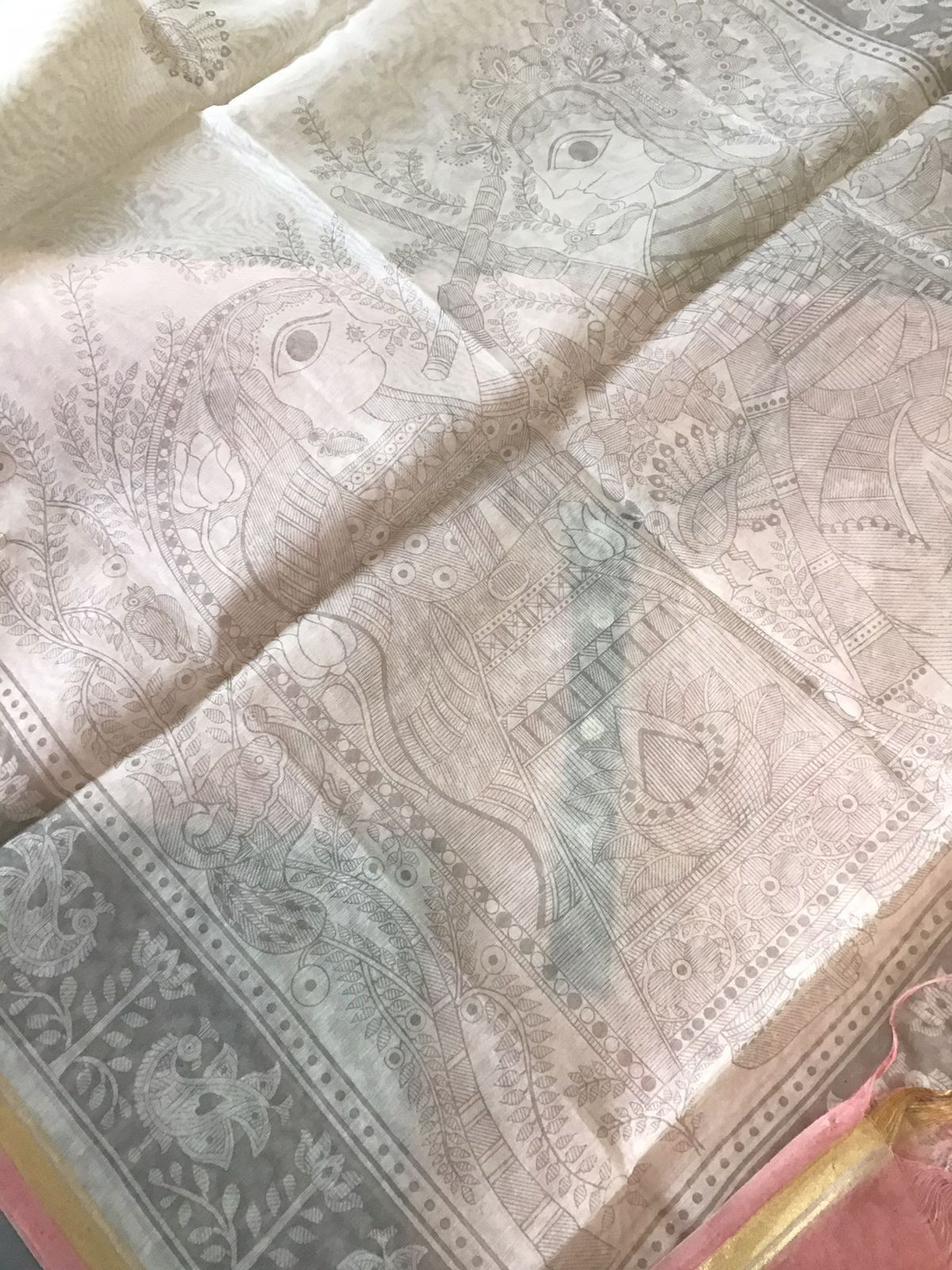 Pure Handloom Cotton Self Weaved Printed Suit - Pink