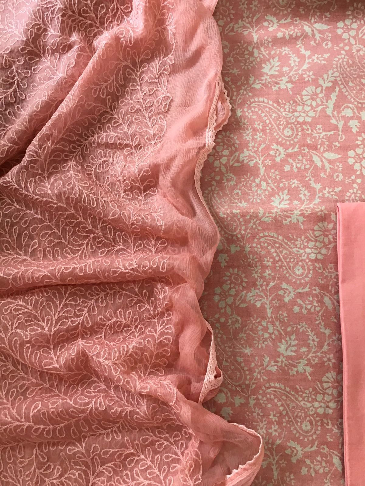 Pure Jute Cotton Silk Printed Embroidered Suit - Peach