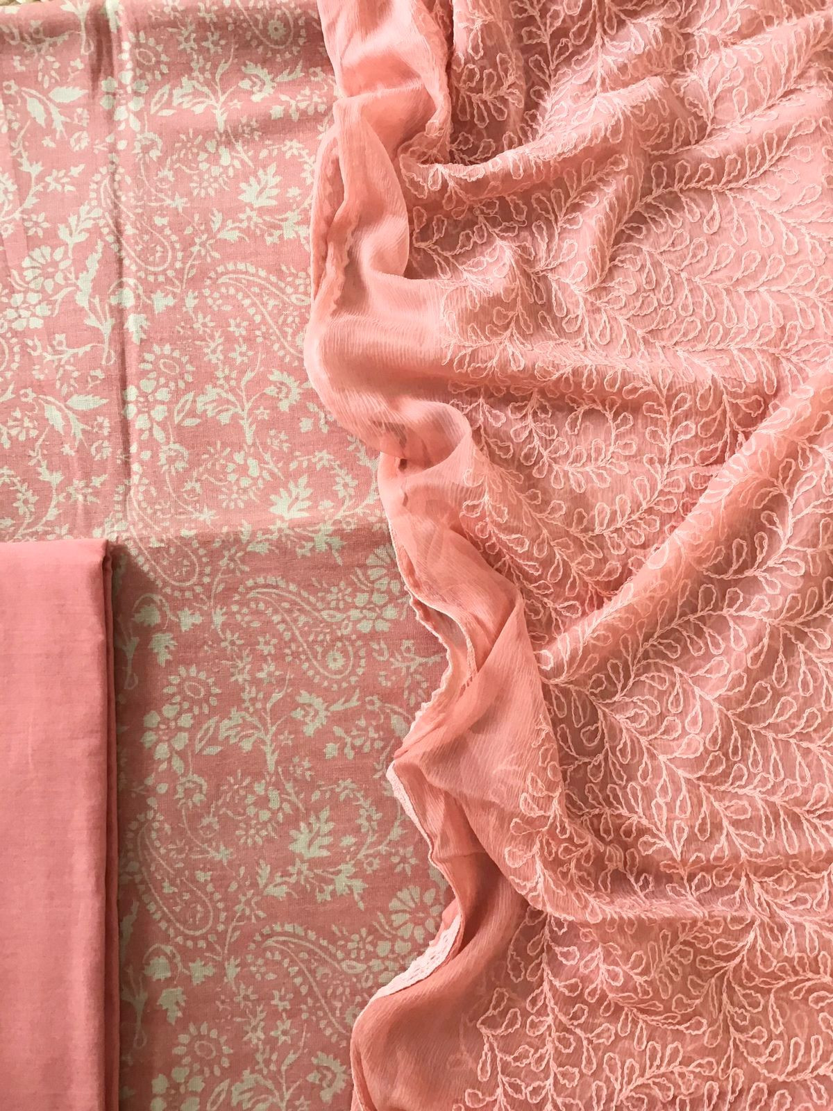 Pure Jute Cotton Silk Printed Embroidered Suit - Peach
