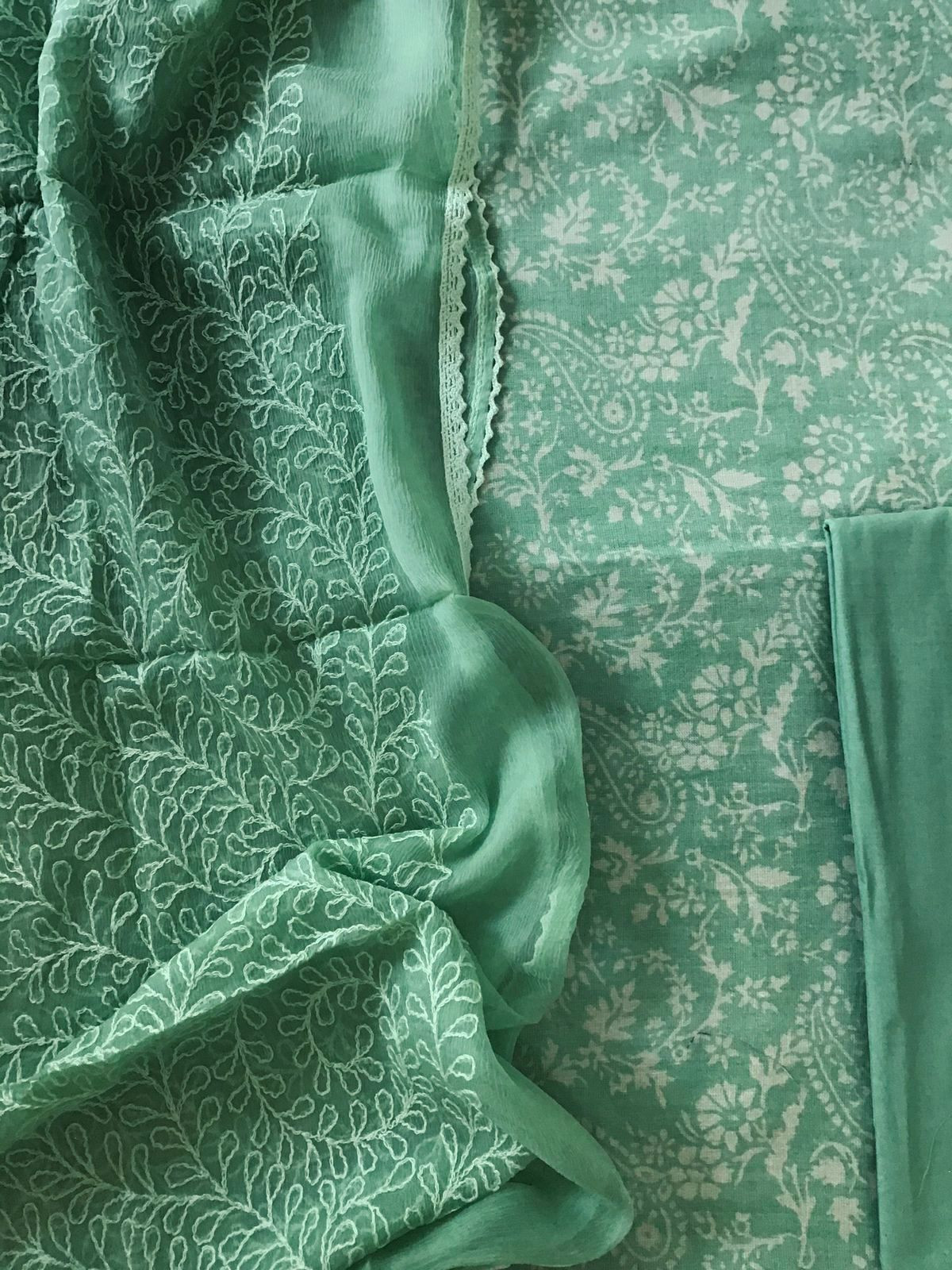 Pure Jute Cotton Silk Printed Embroidered Suit - Green