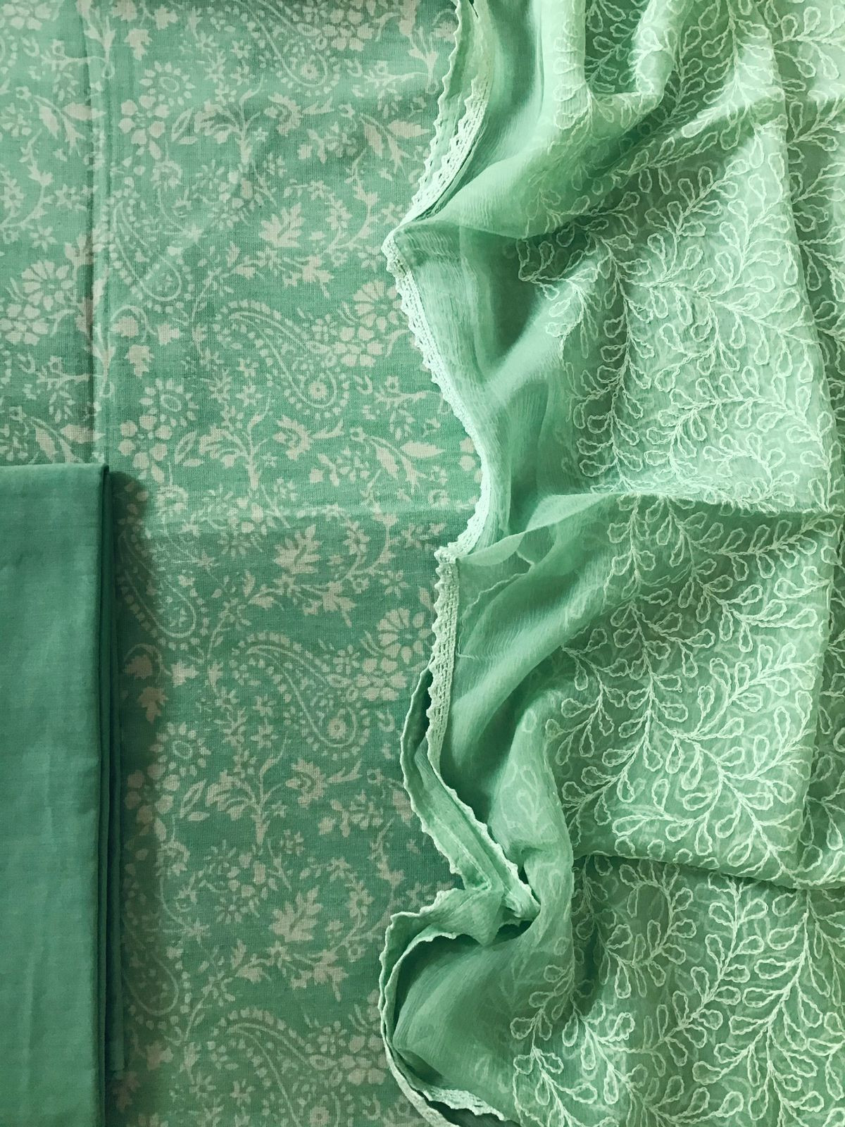 Pure Jute Cotton Silk Printed Embroidered Suit - Green