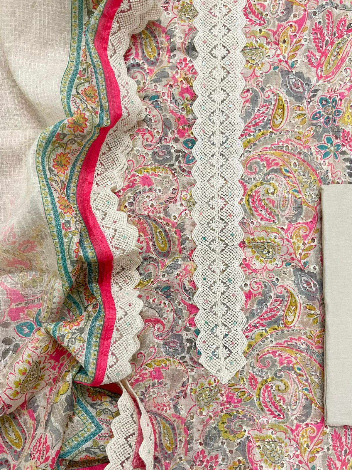 Soft Fine Linen Jute Hakoba Cotton Printed Embroidered Suit - Beige