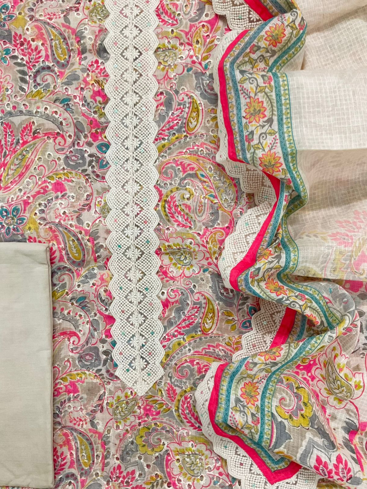 Soft Fine Linen Jute Hakoba Cotton Printed Embroidered Suit - Beige