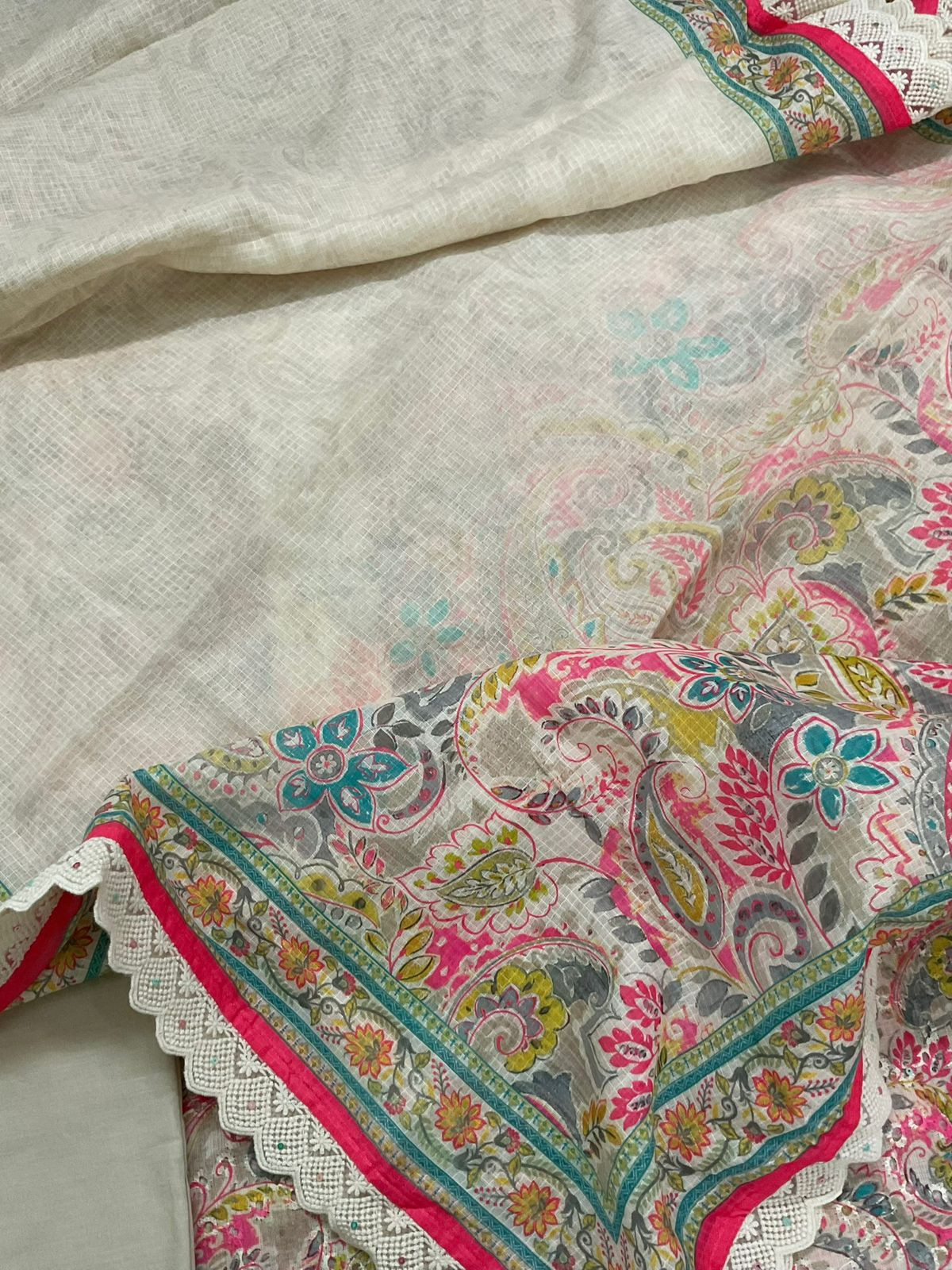 Soft Fine Linen Jute Hakoba Cotton Printed Embroidered Suit - Beige