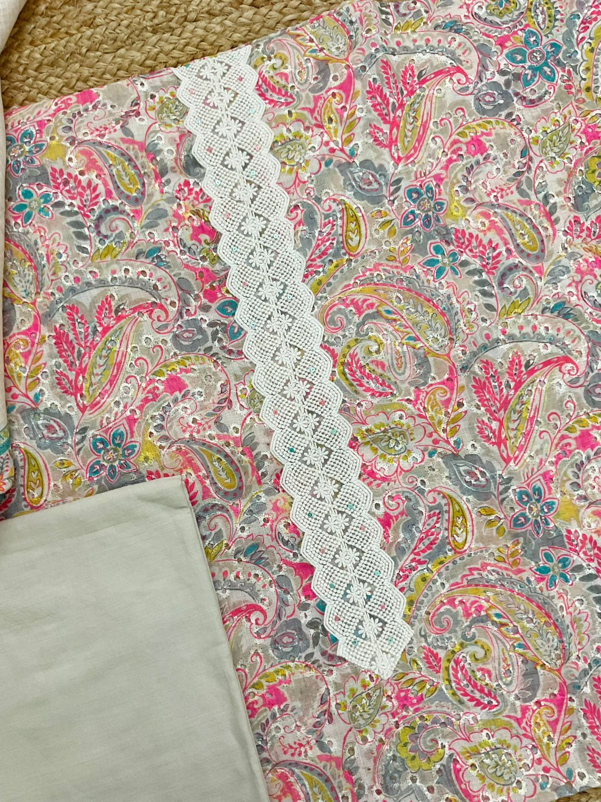 Soft Fine Linen Jute Hakoba Cotton Printed Embroidered Suit - Beige