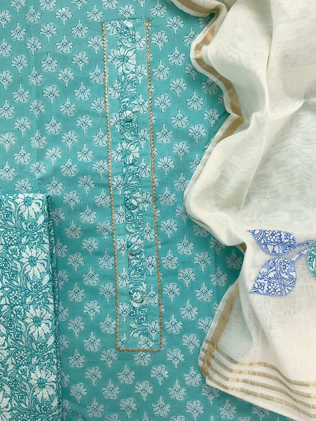 Pure Cotton Printed Embroidered Suit - Sea Green