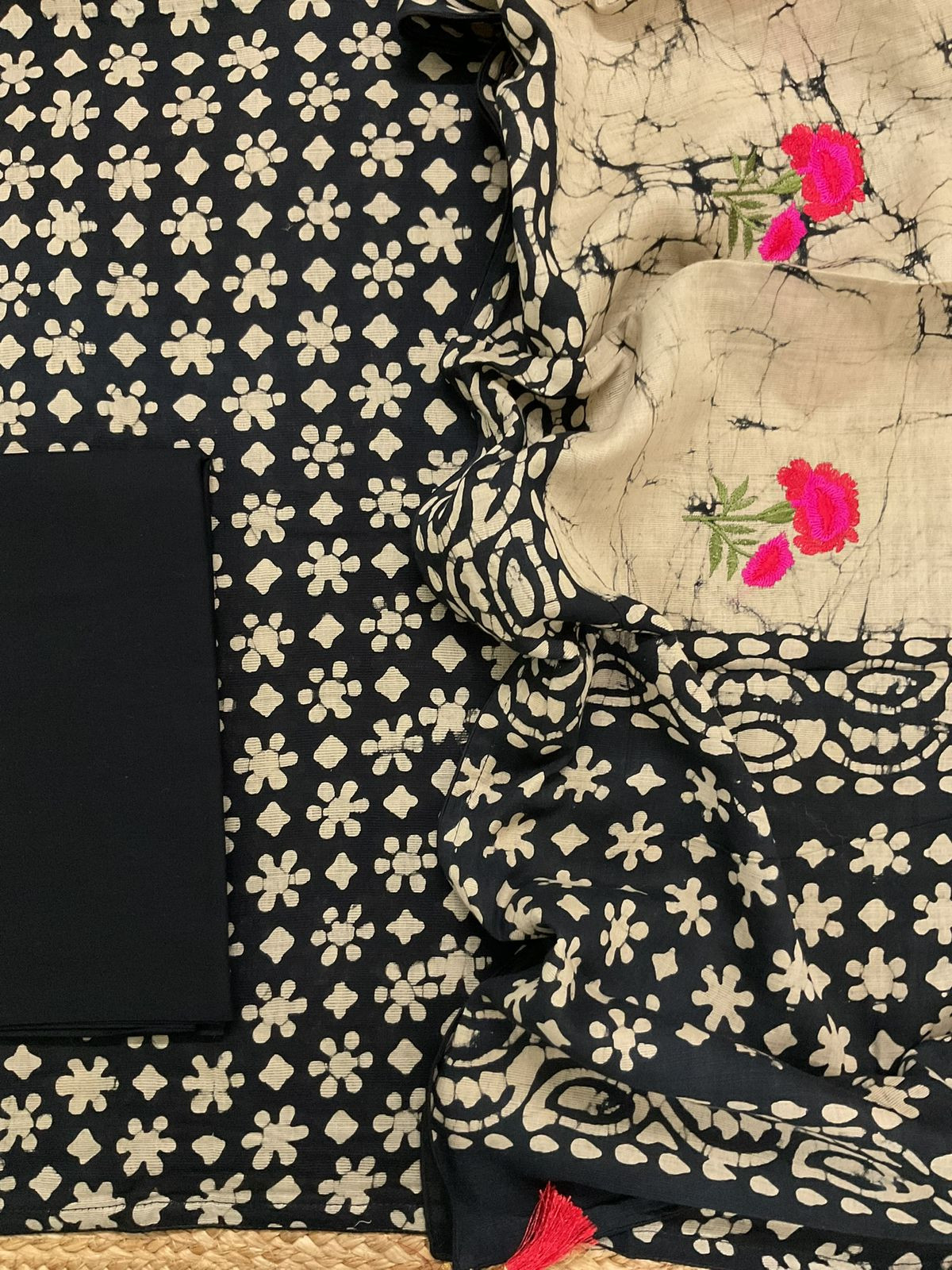 Pure Fine Jute Cotton Silk Printed Embroidered Suit - Black