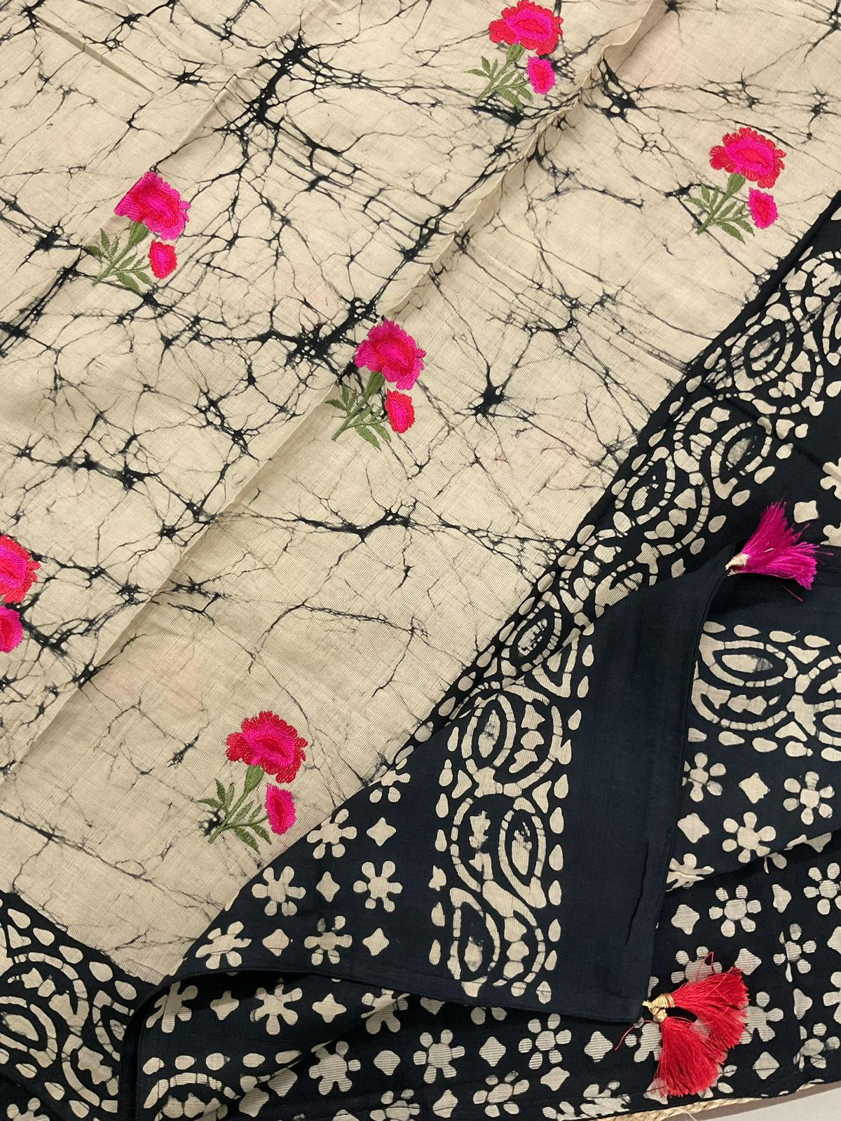 Pure Fine Jute Cotton Silk Printed Embroidered Suit - Black