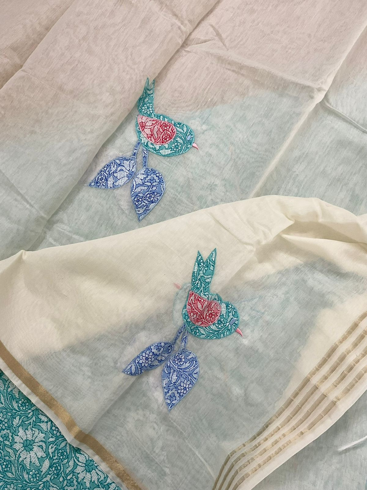 Pure Cotton Printed Embroidered Suit - Sea Green