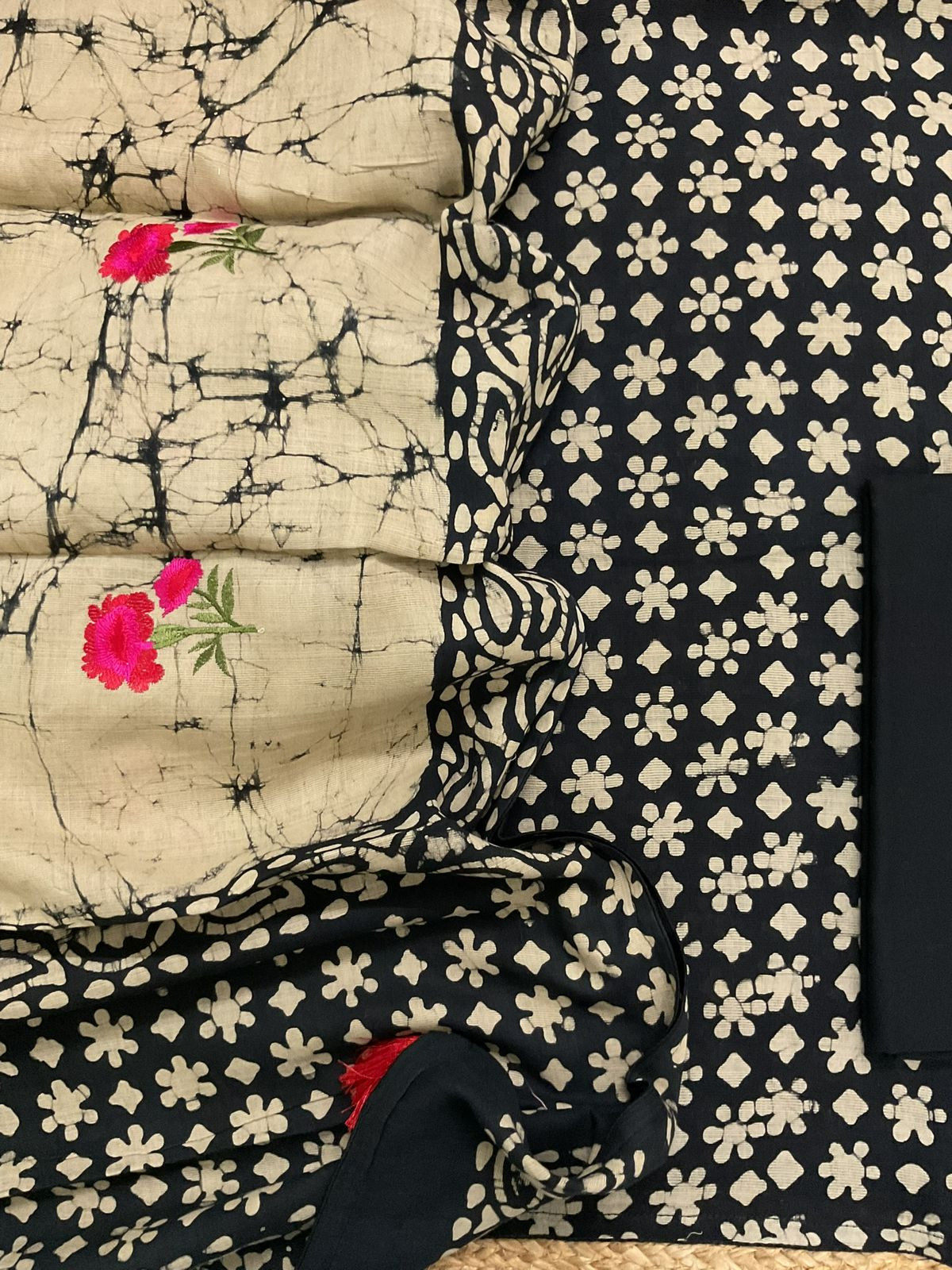 Pure Fine Jute Cotton Silk Printed Embroidered Suit - Black