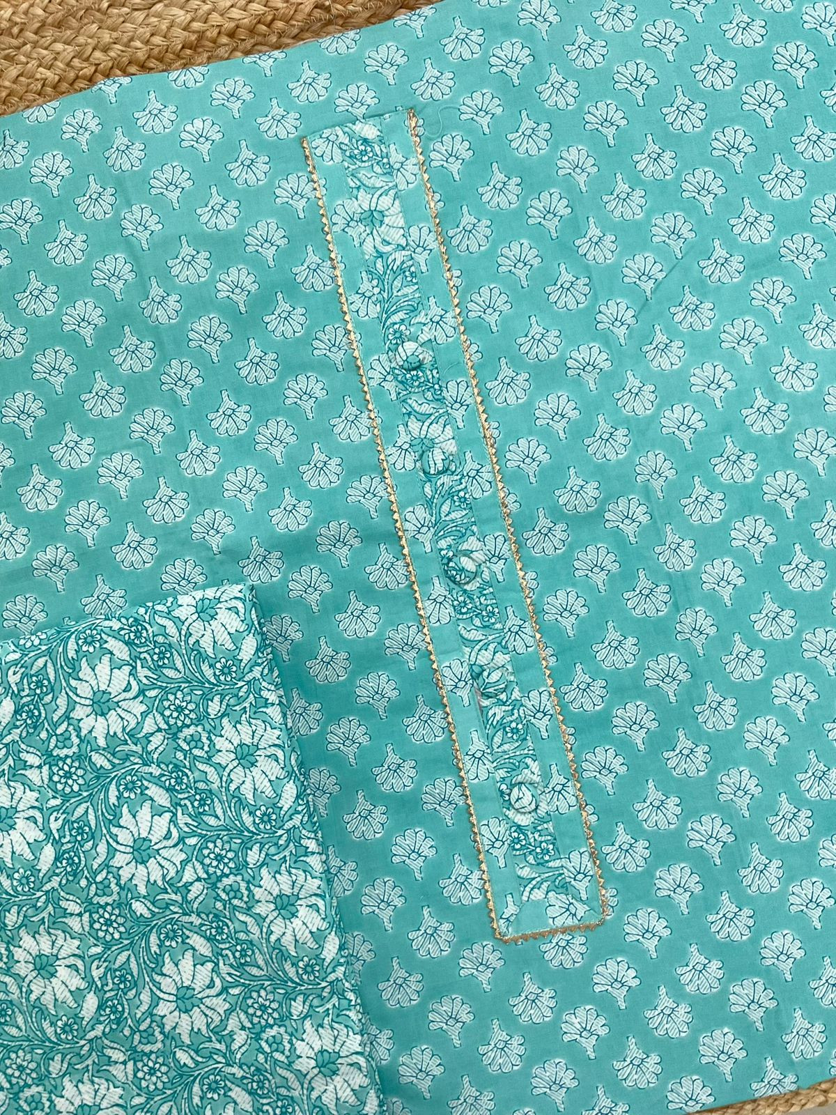Pure Cotton Printed Embroidered Suit - Sea Green