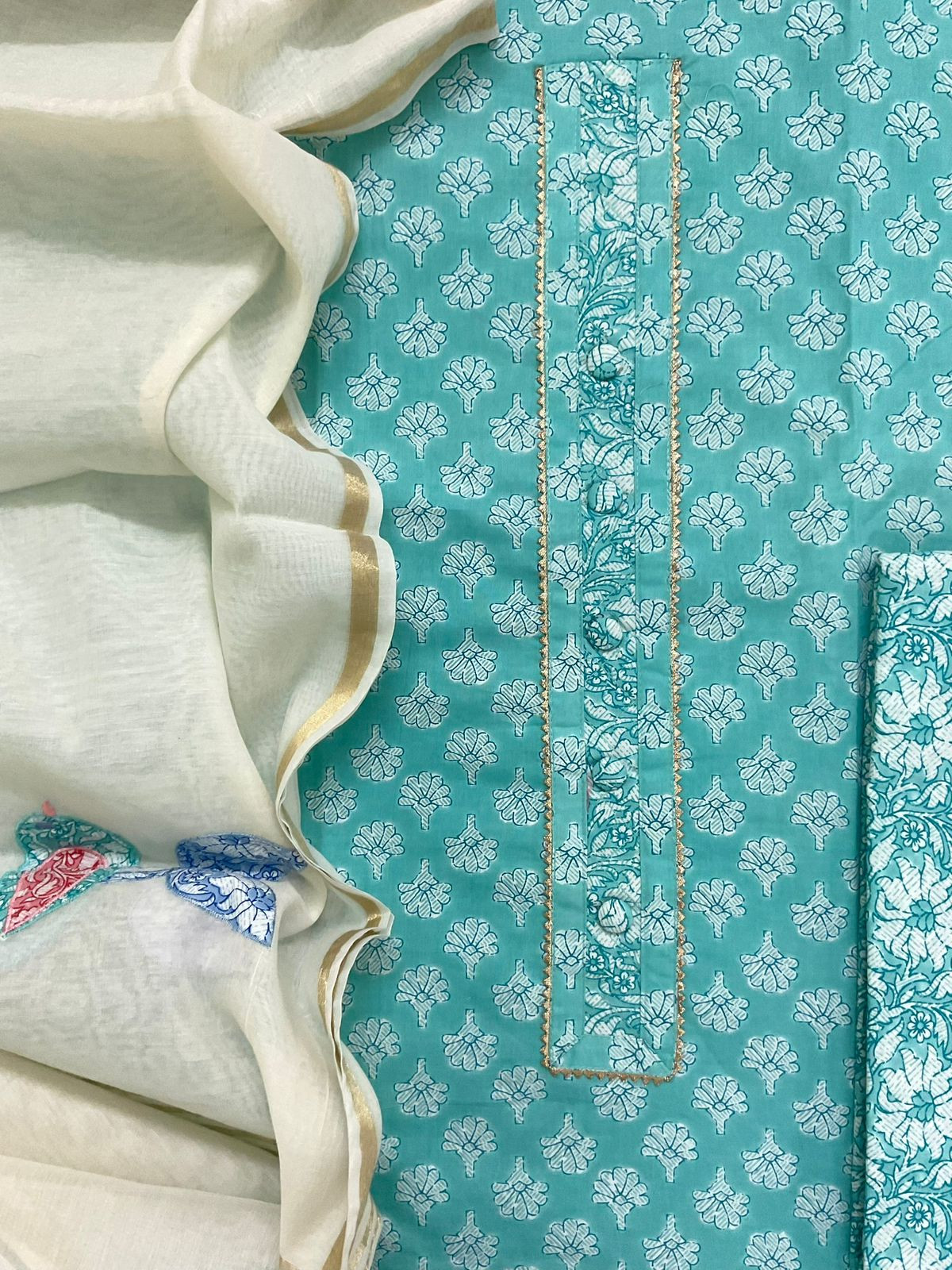 Pure Cotton Printed Embroidered Suit - Sea Green