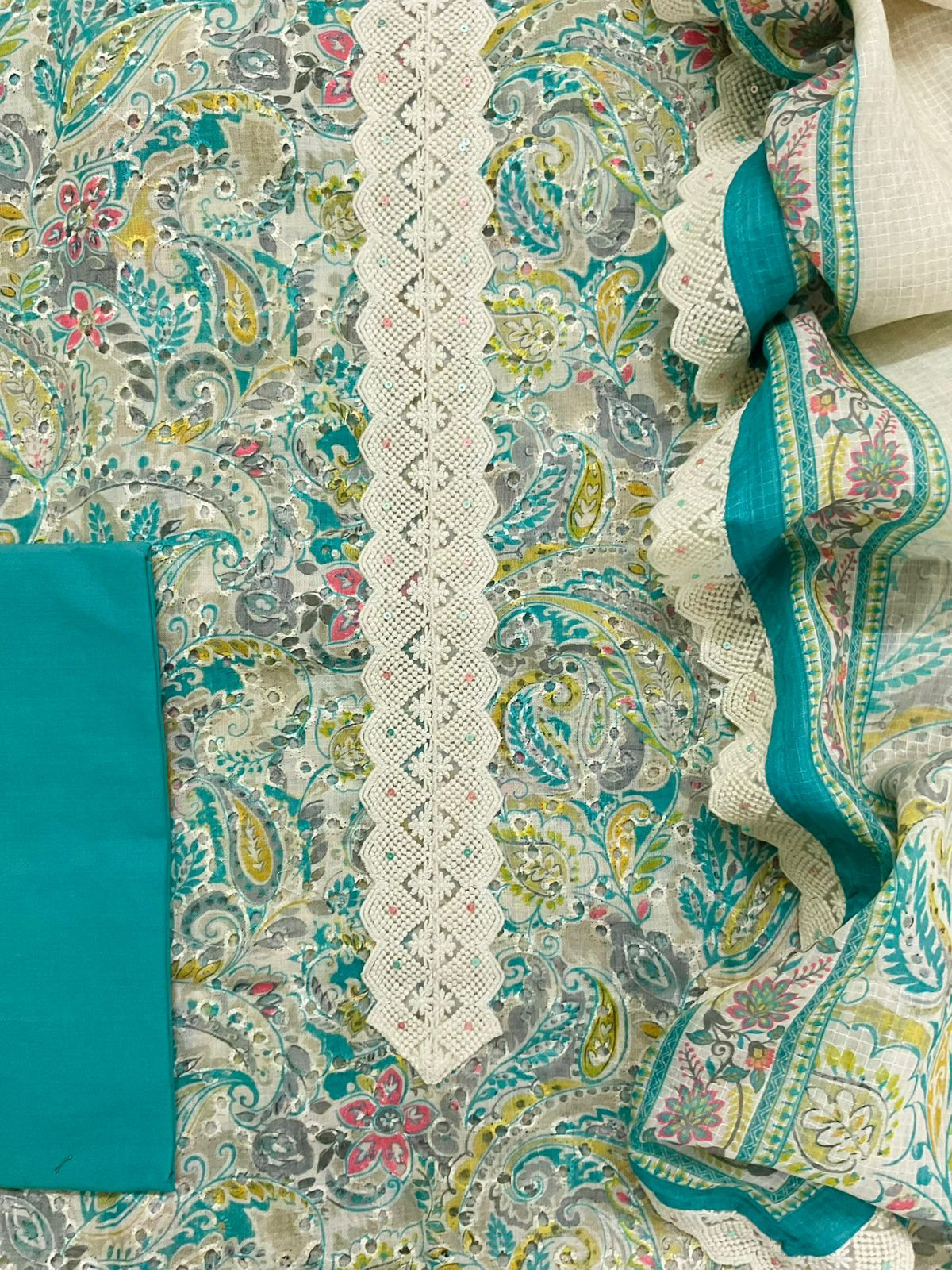 Soft Fine Linen Jute Hakoba Cotton Printed Embroidered Suit - Beige