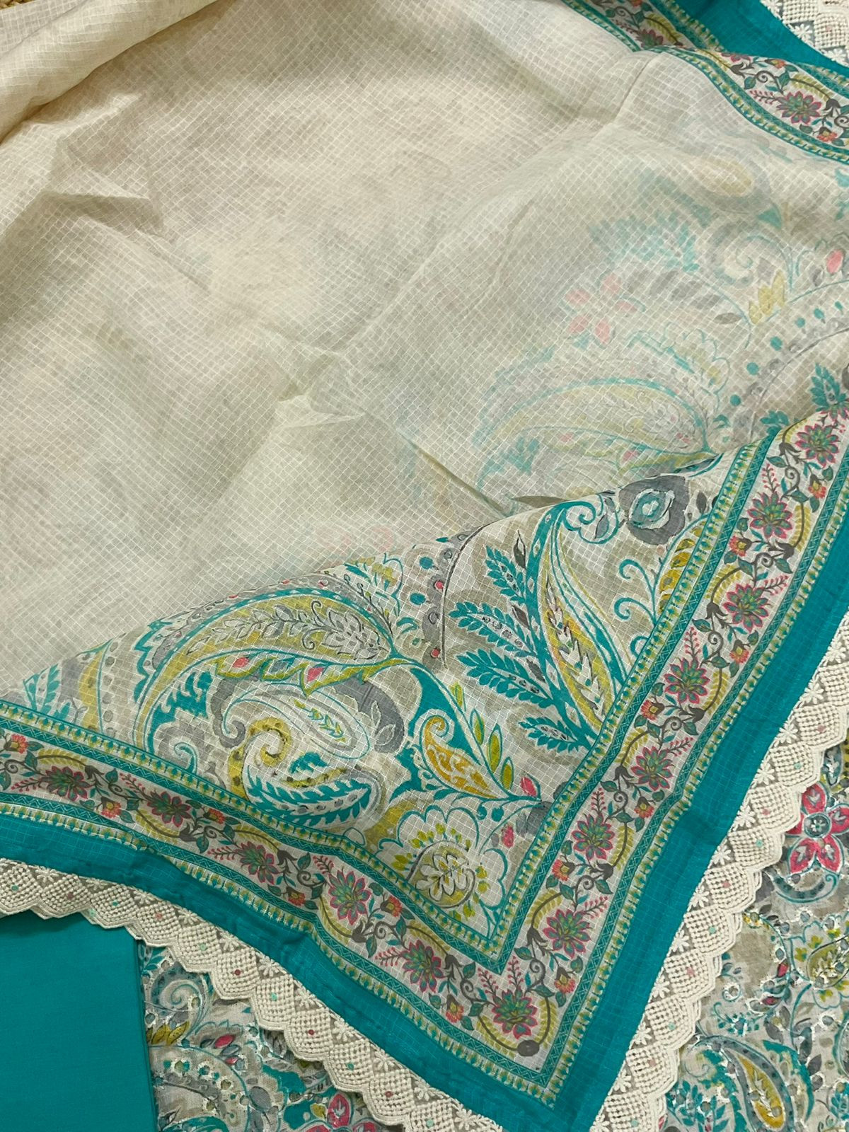 Soft Fine Linen Jute Hakoba Cotton Printed Embroidered Suit - Beige