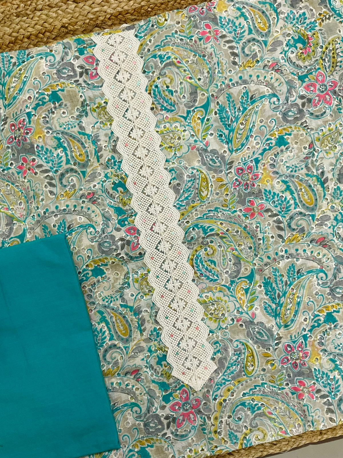 Soft Fine Linen Jute Hakoba Cotton Printed Embroidered Suit - Beige