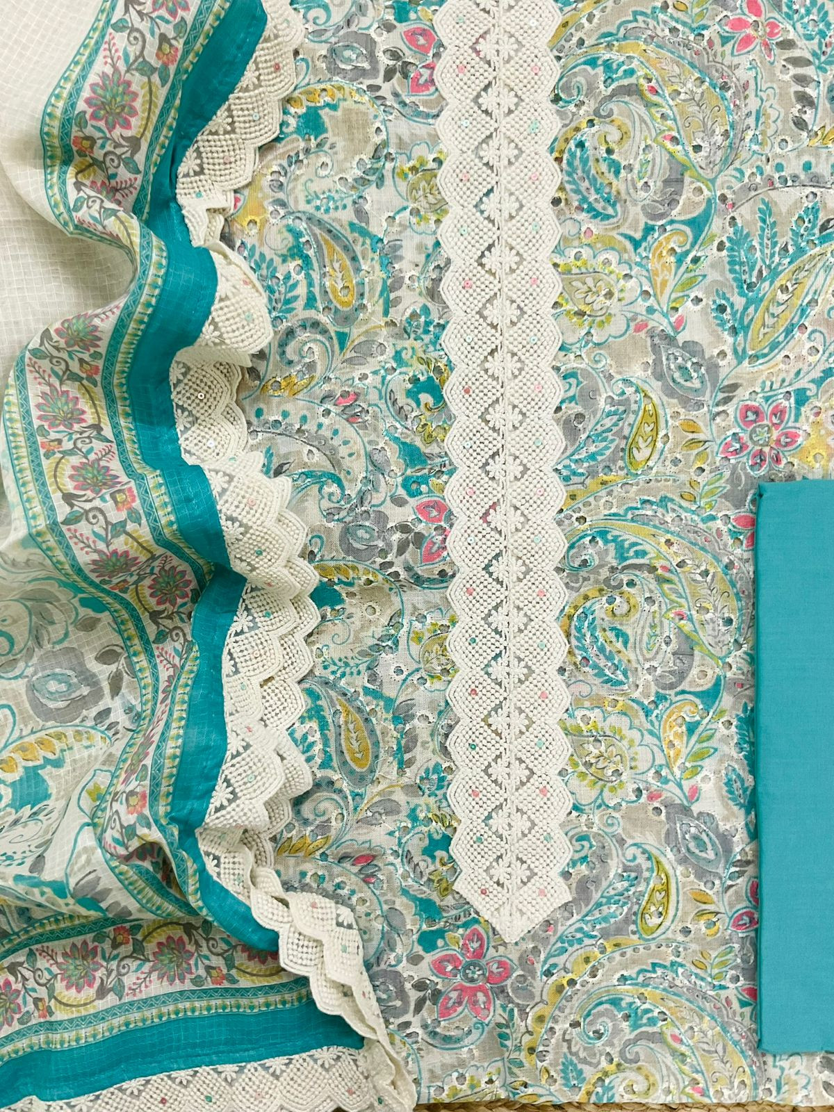 Soft Fine Linen Jute Hakoba Cotton Printed Embroidered Suit - Beige