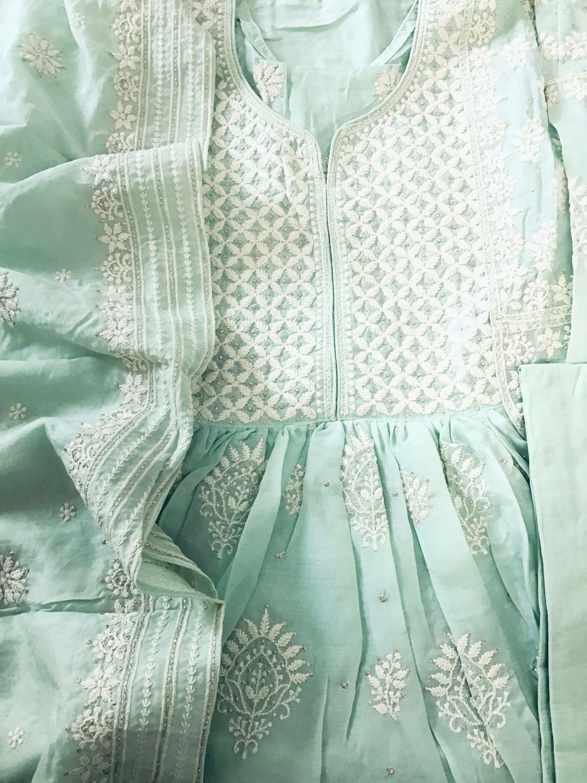 Pure Fine Muslin Embroidered Frock Style Suit - Sea Green