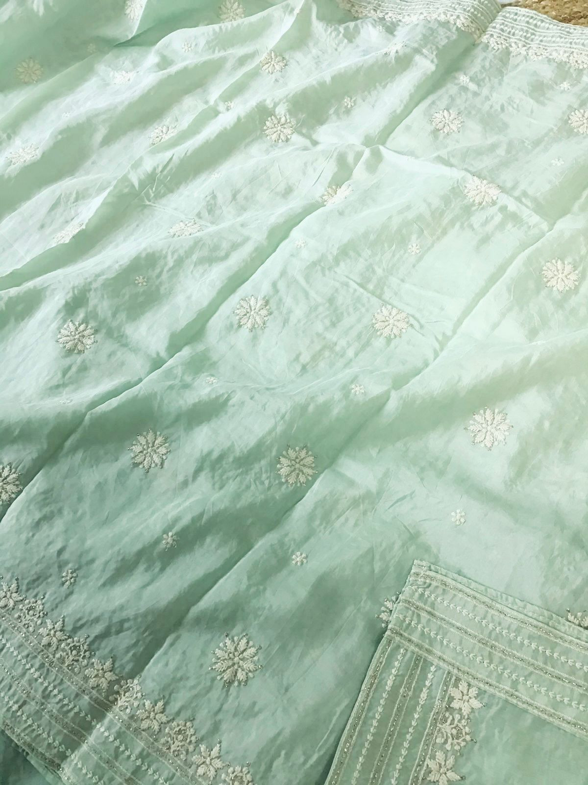 Pure Fine Muslin Embroidered Frock Style Suit - Sea Green