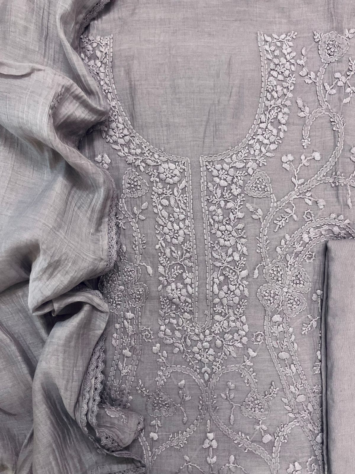 Pure Mul Chanderi Embroidered Suit - Lilac Grey