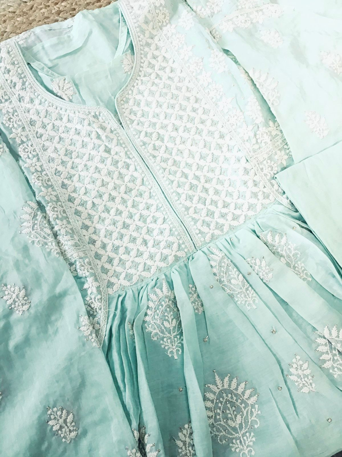 Pure Fine Muslin Embroidered Frock Style Suit - Sea Green
