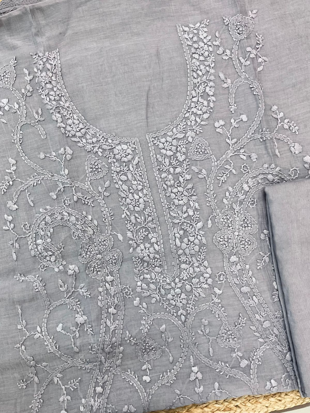 Pure Mul Chanderi Embroidered Suit - Lilac Grey