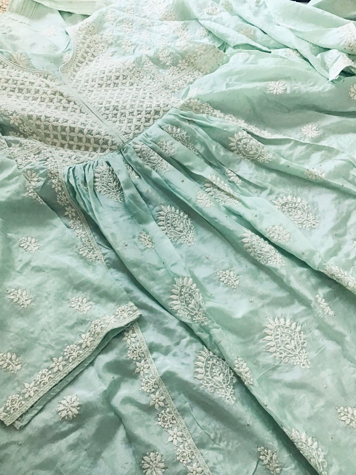 Pure Fine Muslin Embroidered Frock Style Suit - Sea Green