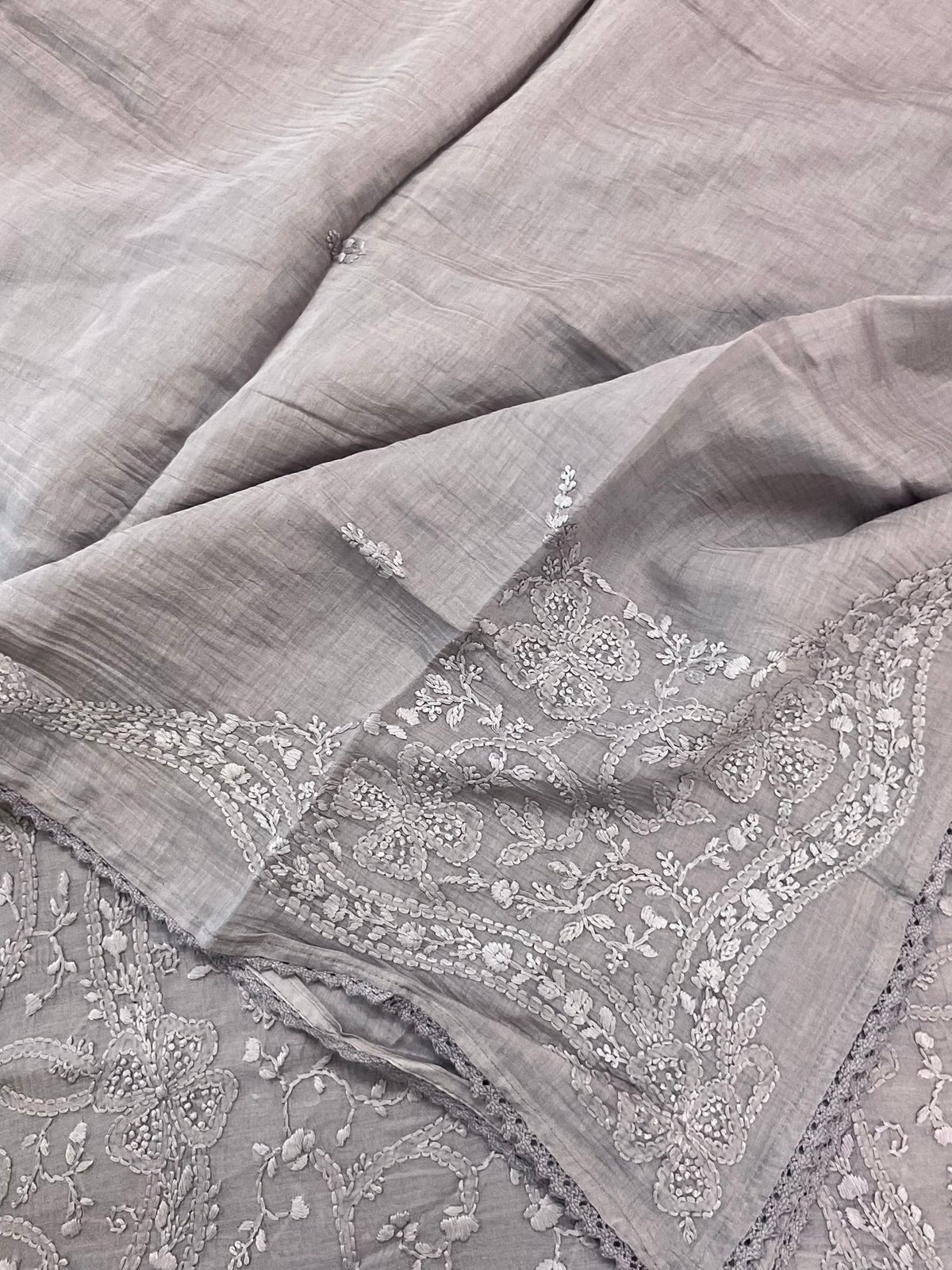 Pure Mul Chanderi Embroidered Suit - Lilac Grey