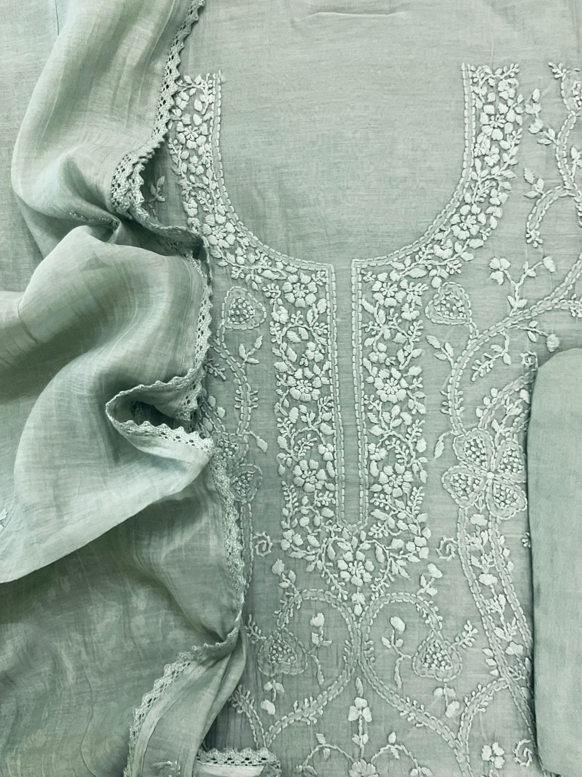 Pure Mul Chanderi Embroidered Suit - Green