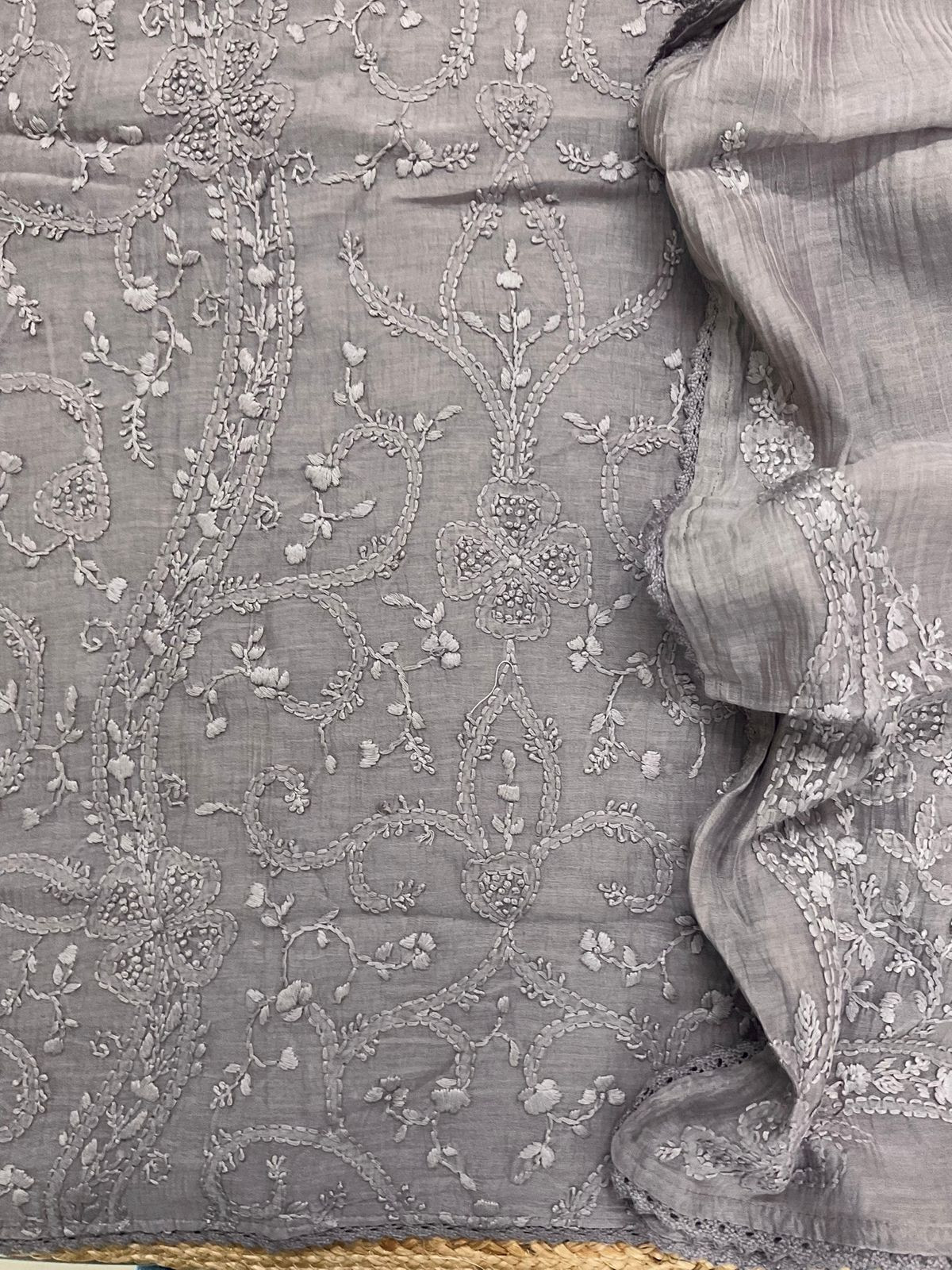 Pure Mul Chanderi Embroidered Suit - Lilac Grey