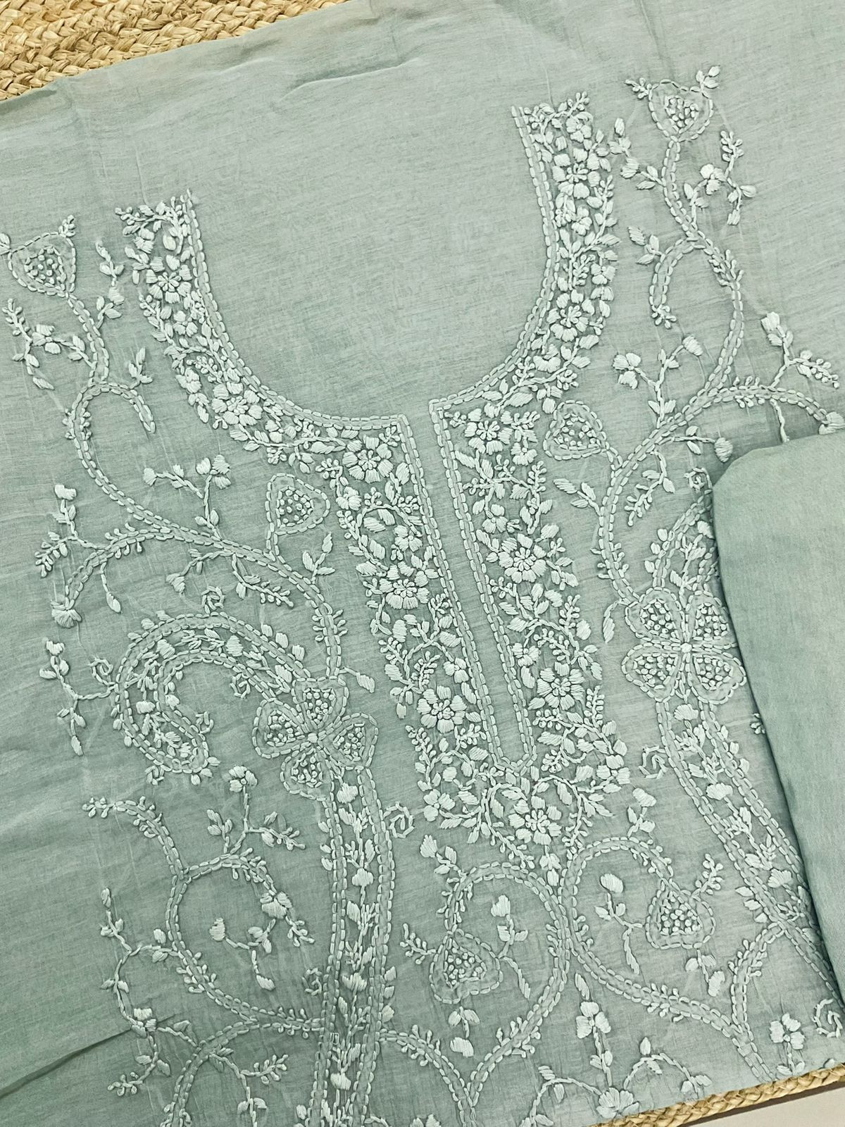 Pure Mul Chanderi Embroidered Suit - Green