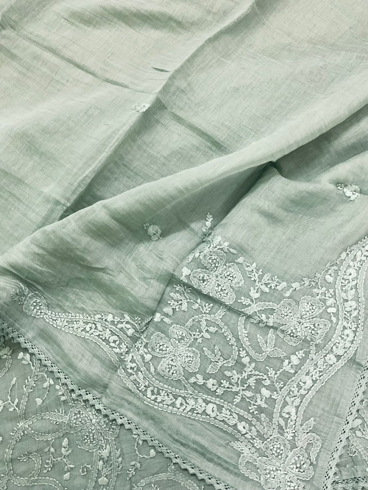 Pure Mul Chanderi Embroidered Suit - Green