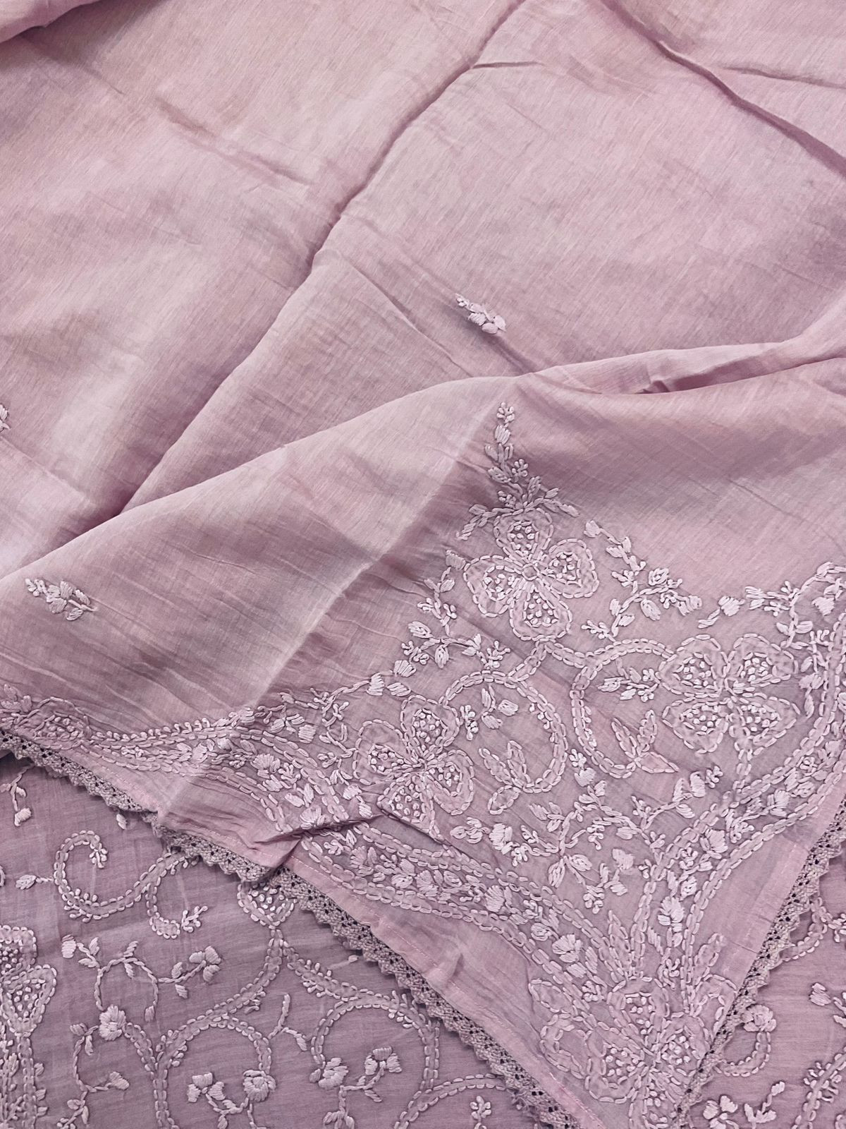 Pure Mul Chanderi Embroidered Suit - Lavender
