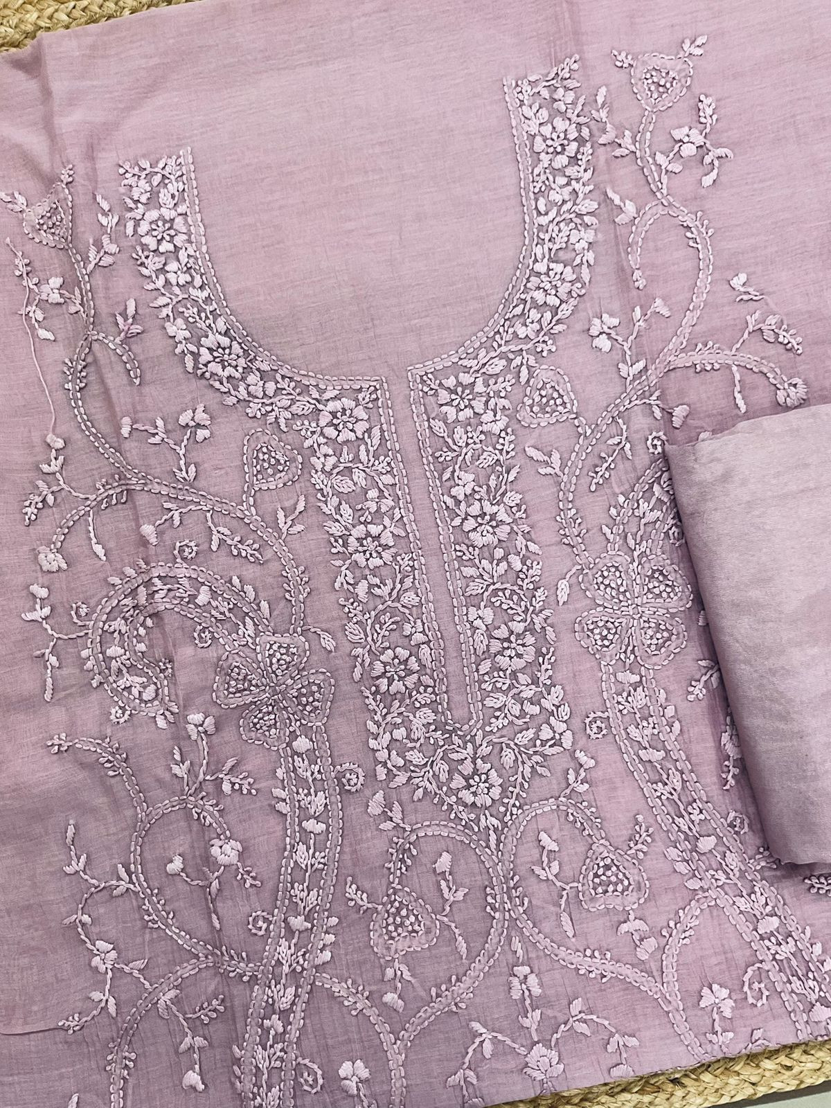 Pure Mul Chanderi Embroidered Suit - Lavender