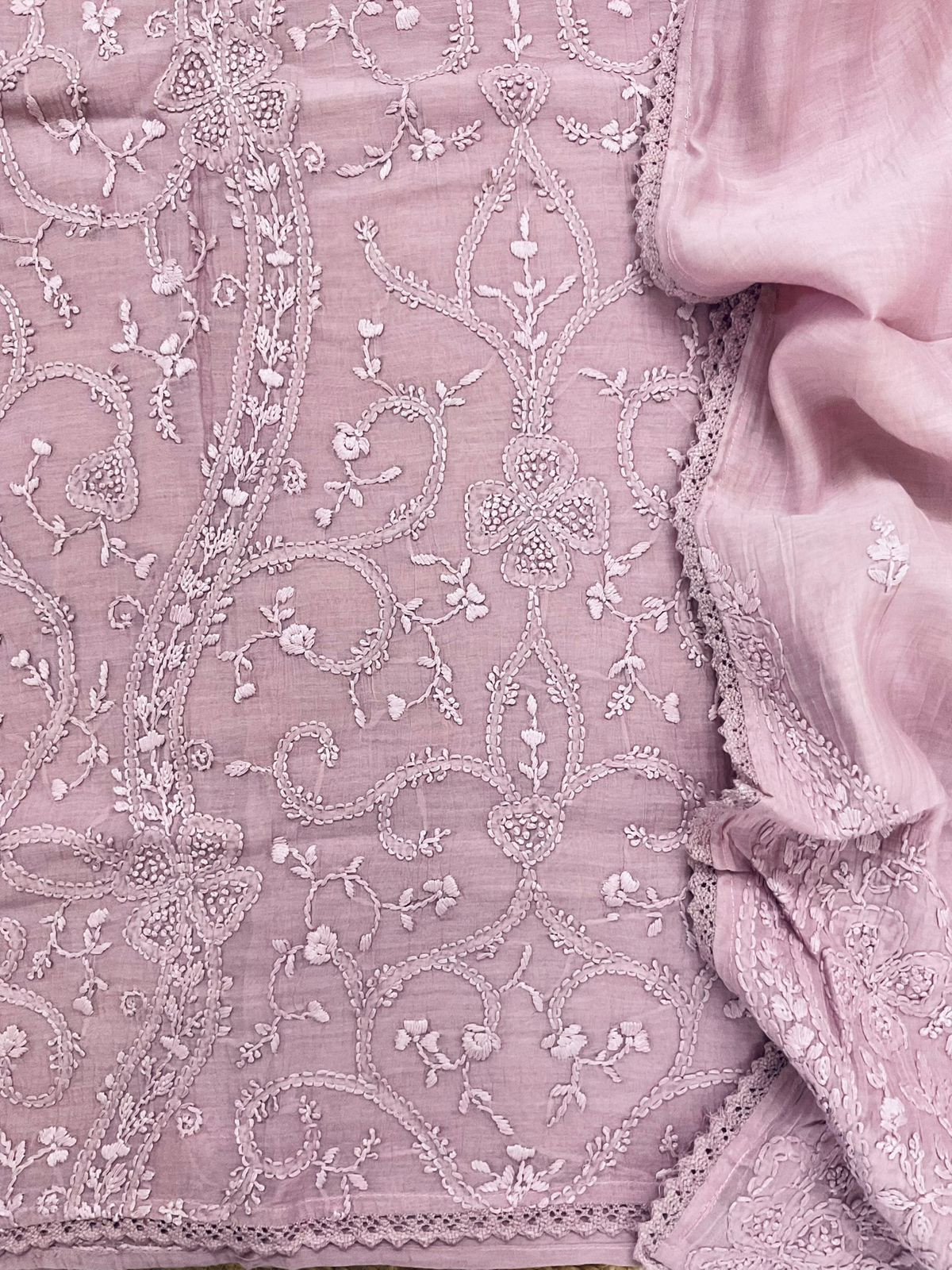 Pure Mul Chanderi Embroidered Suit - Lavender