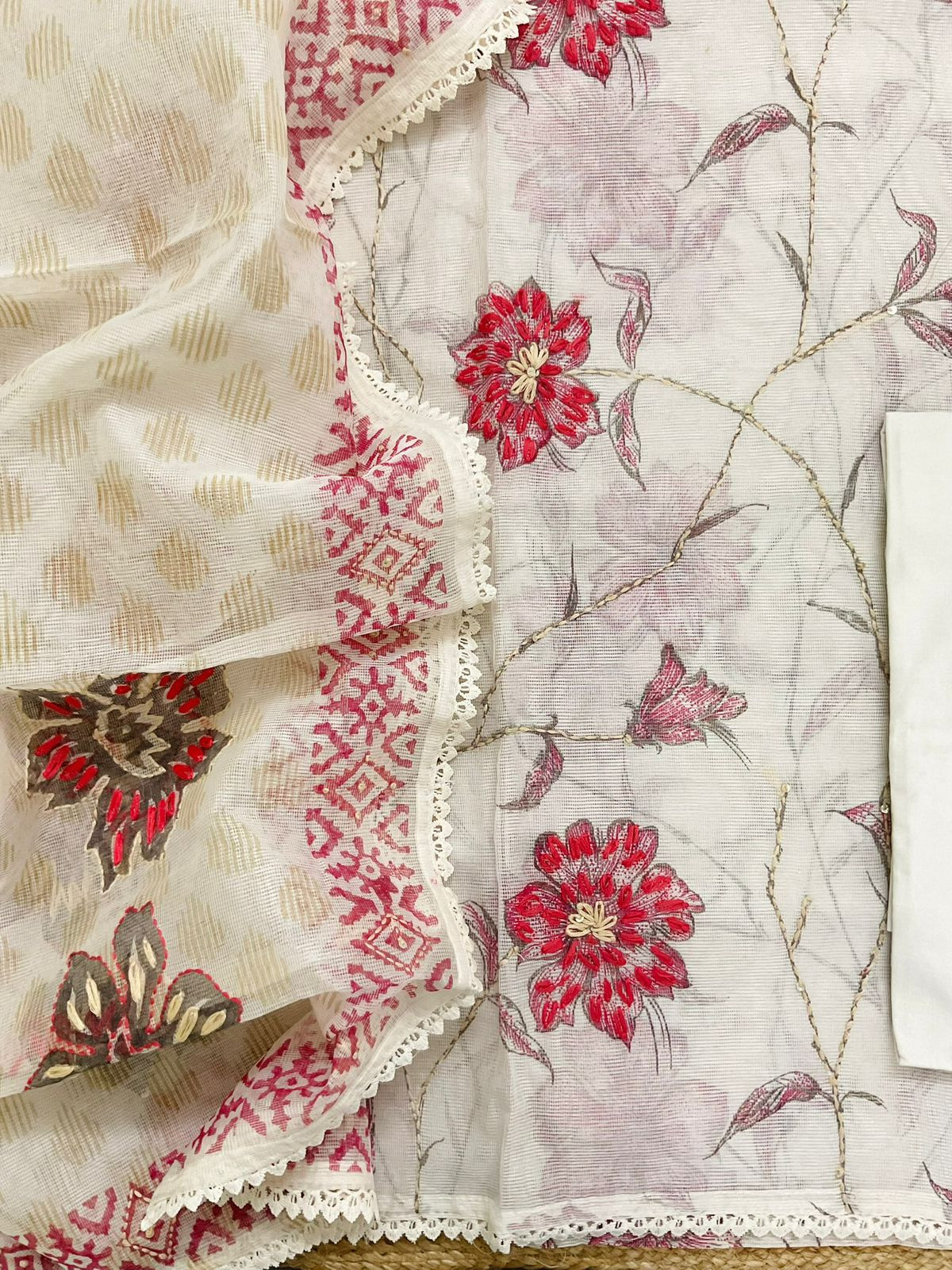 Soft Supernet Printed Embroidered Suit - Off White