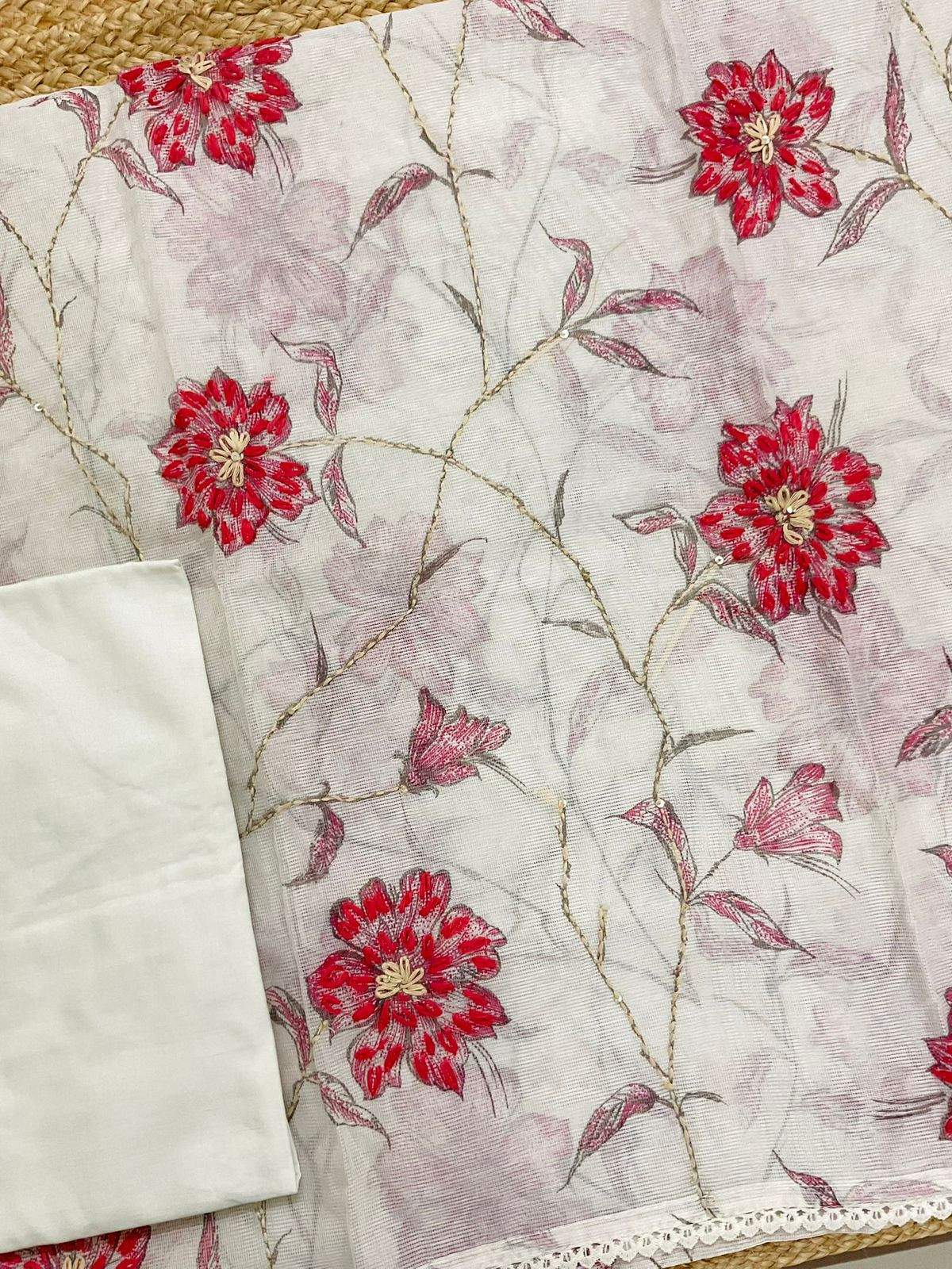 Soft Supernet Printed Embroidered Suit - Off White