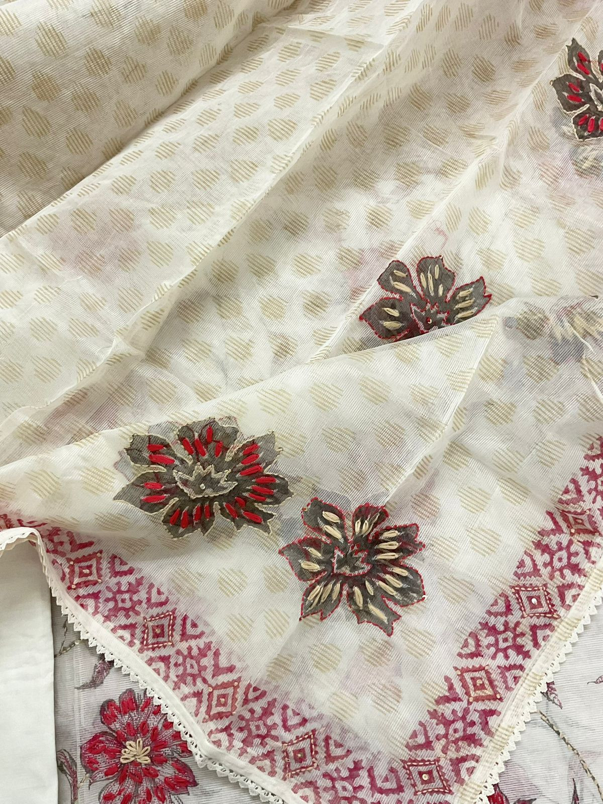 Soft Supernet Printed Embroidered Suit - Off White