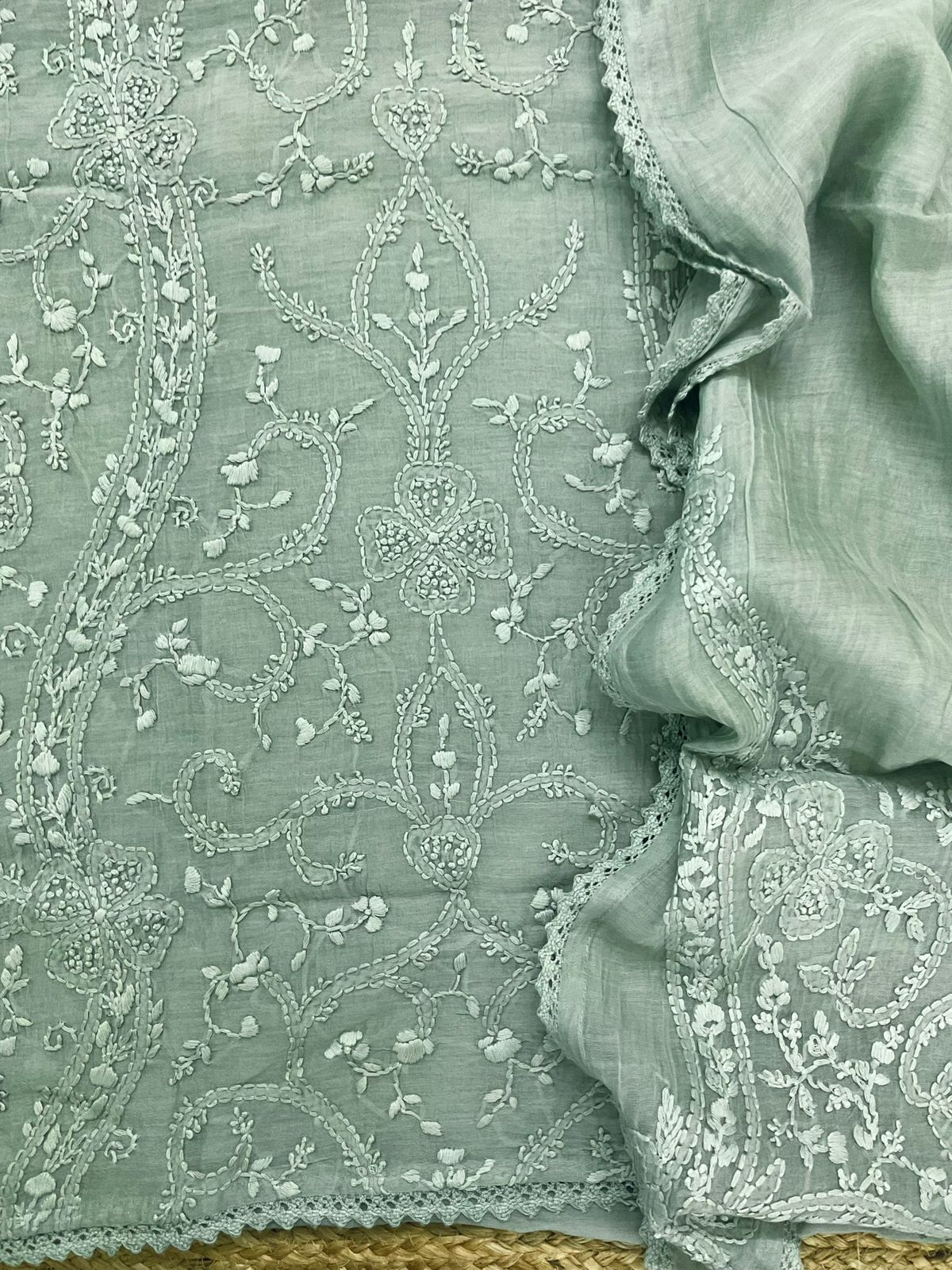 Pure Mul Chanderi Embroidered Suit - Green
